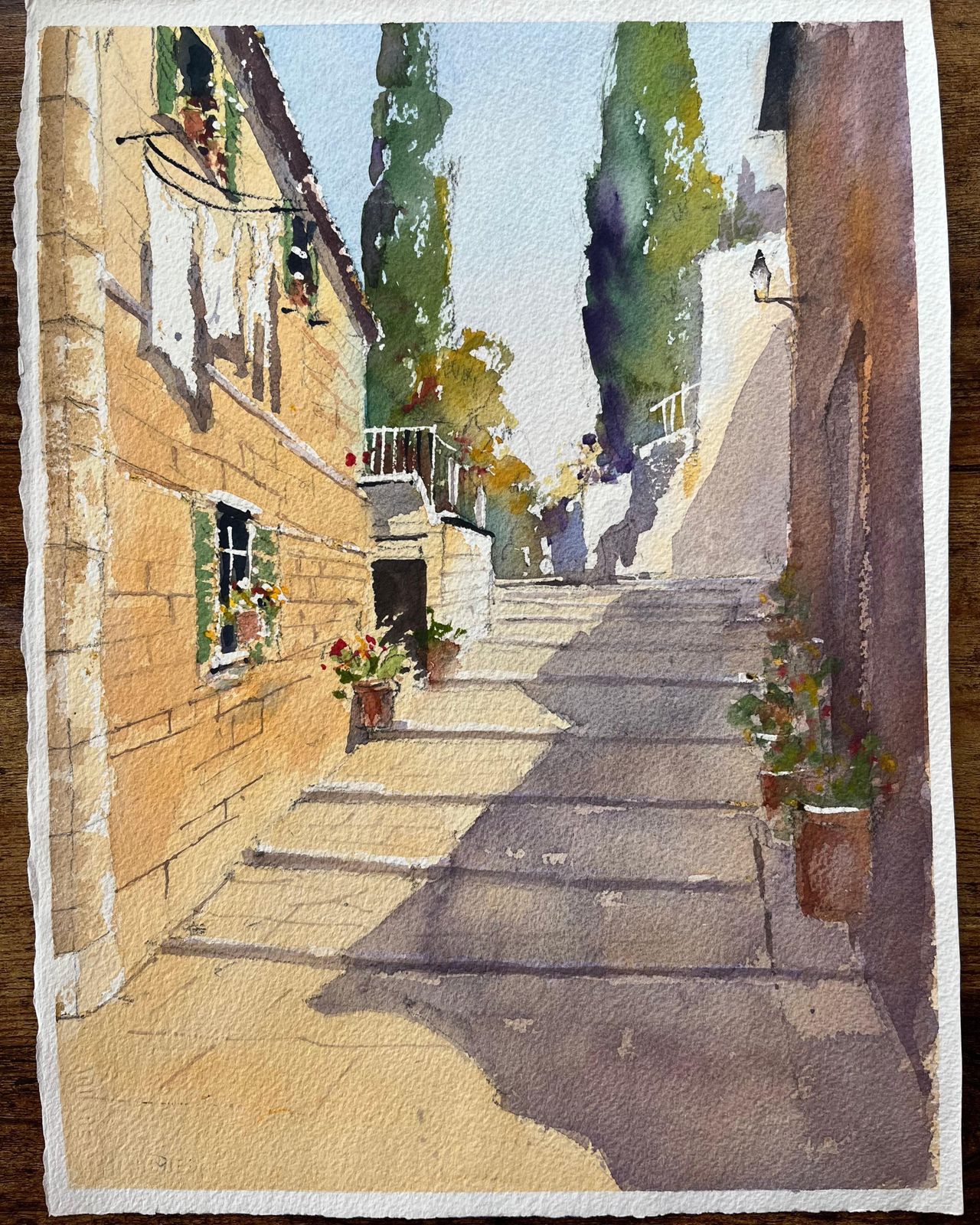 Anthony Averybritish Impressionist Watercolor Of Sunlit Stone Alleyway With Cypress Trees photo furniture