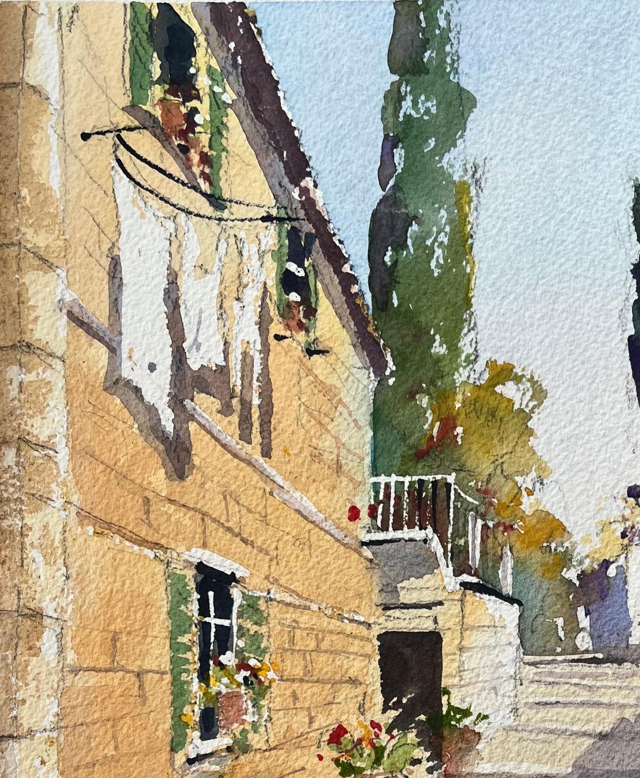 Anthony Averybritish Impressionist Watercolor Of Sunlit Stone Alleyway With Cypress Trees photo for sale