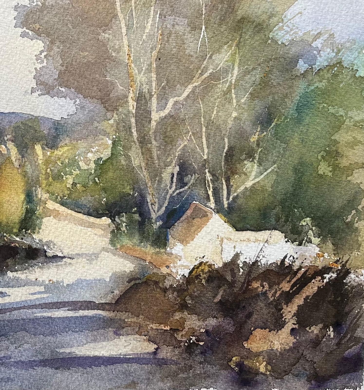 Anthony Averybritish Impressionist Watercolor Of Shaded Woodland Path With Sunlit Openings photo for sale