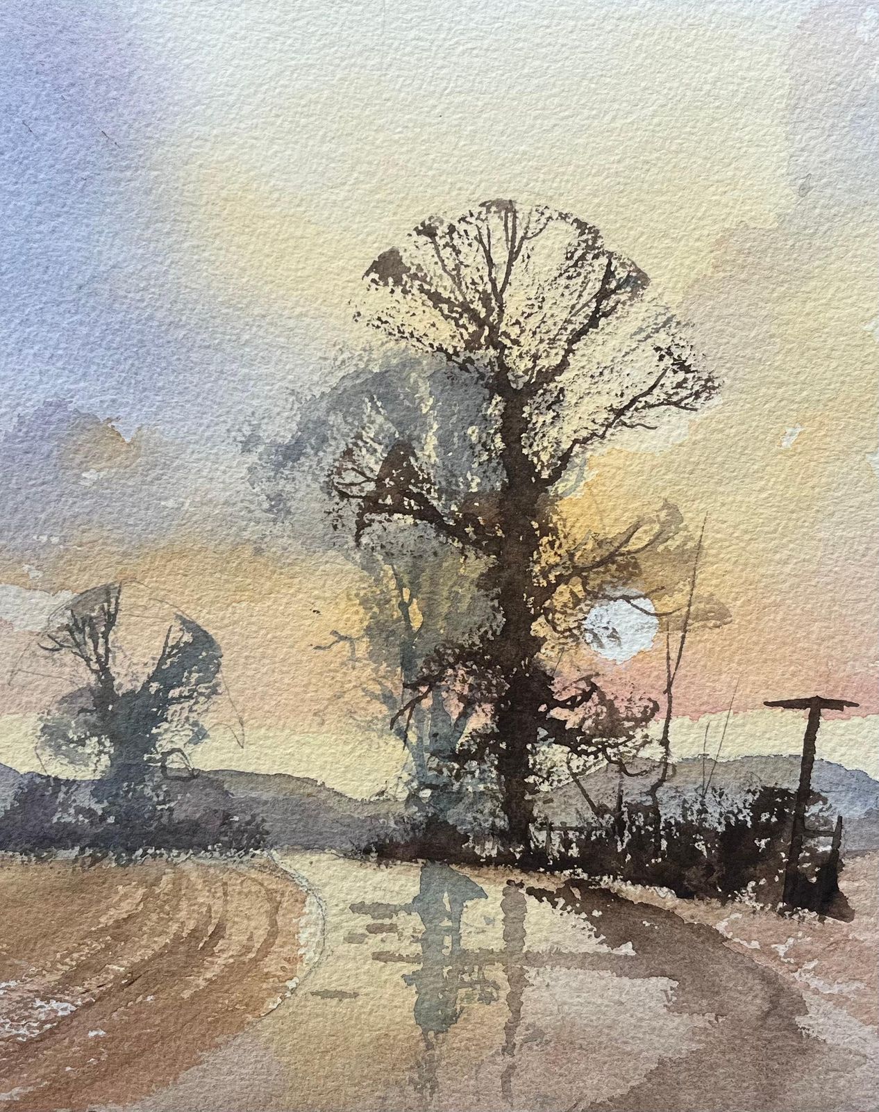 Anthony Averybritish Impressionist Watercolor Of Landscape At Dusk With Trees And Shadows photo for sale
