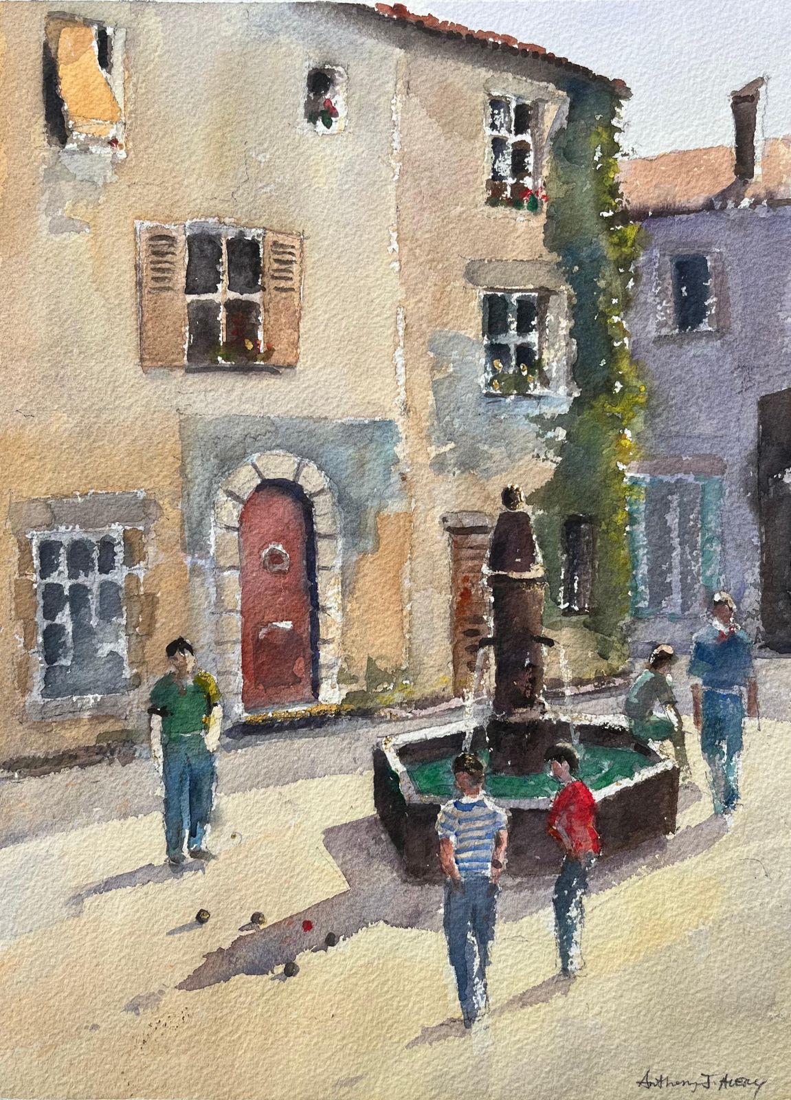 Anthony Averyimpressionist Watercolor Of French Village Scene With Fountain And Boules Player