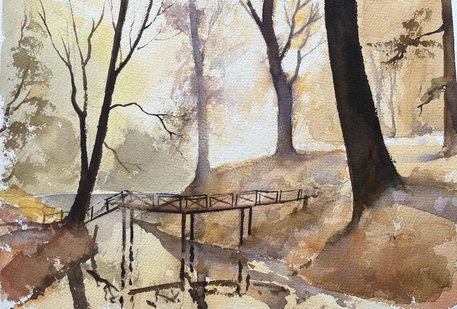 Anthony Averybritish Impressionist Watercolor Of A Woodland Bridge At Dawn