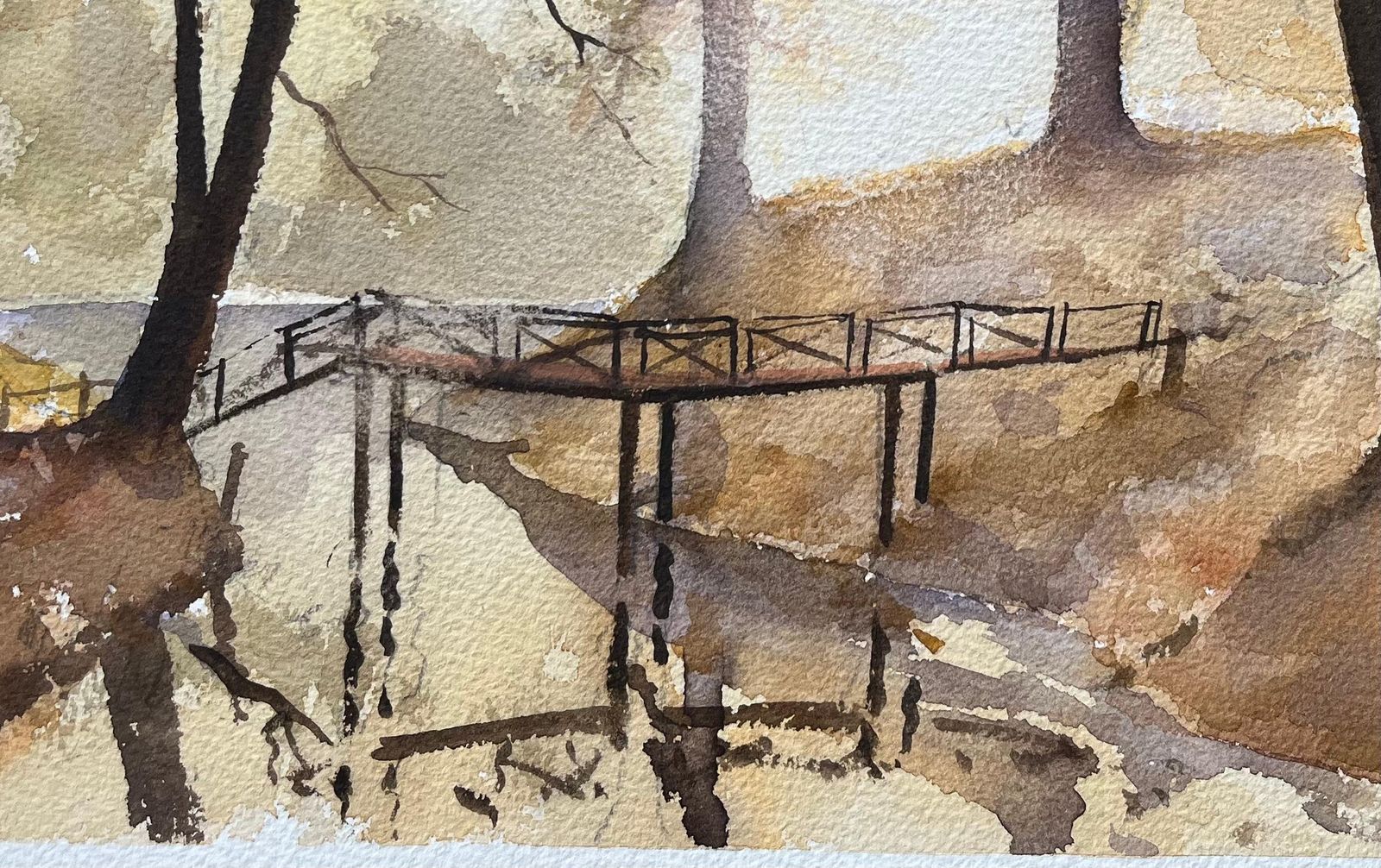 Anthony Averybritish Impressionist Watercolor Of A Woodland Bridge At Dawn photo Art