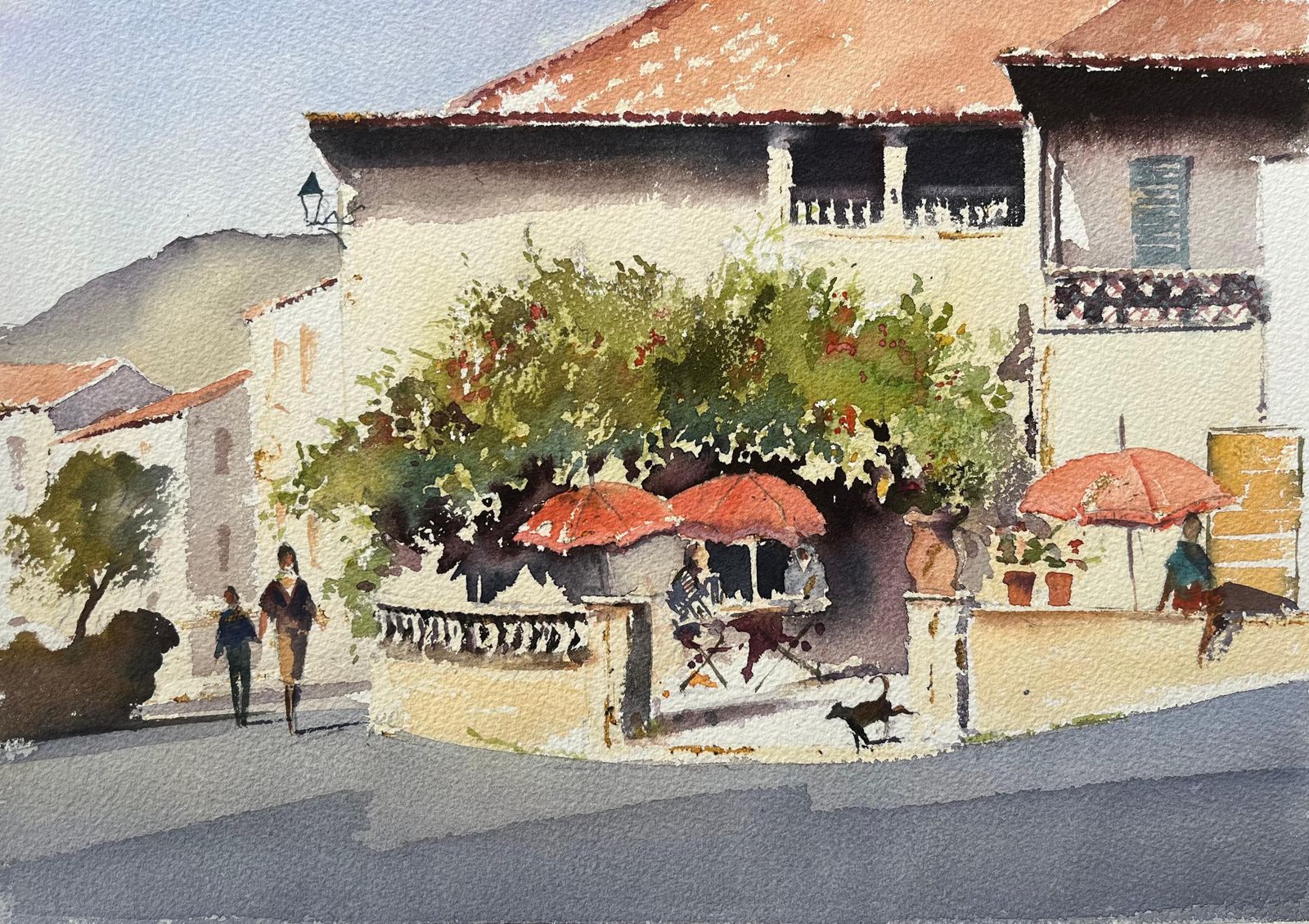 Anthony Averybritish Impressionist Watercolor Of Terrace Café Scene With Red Umbrellas