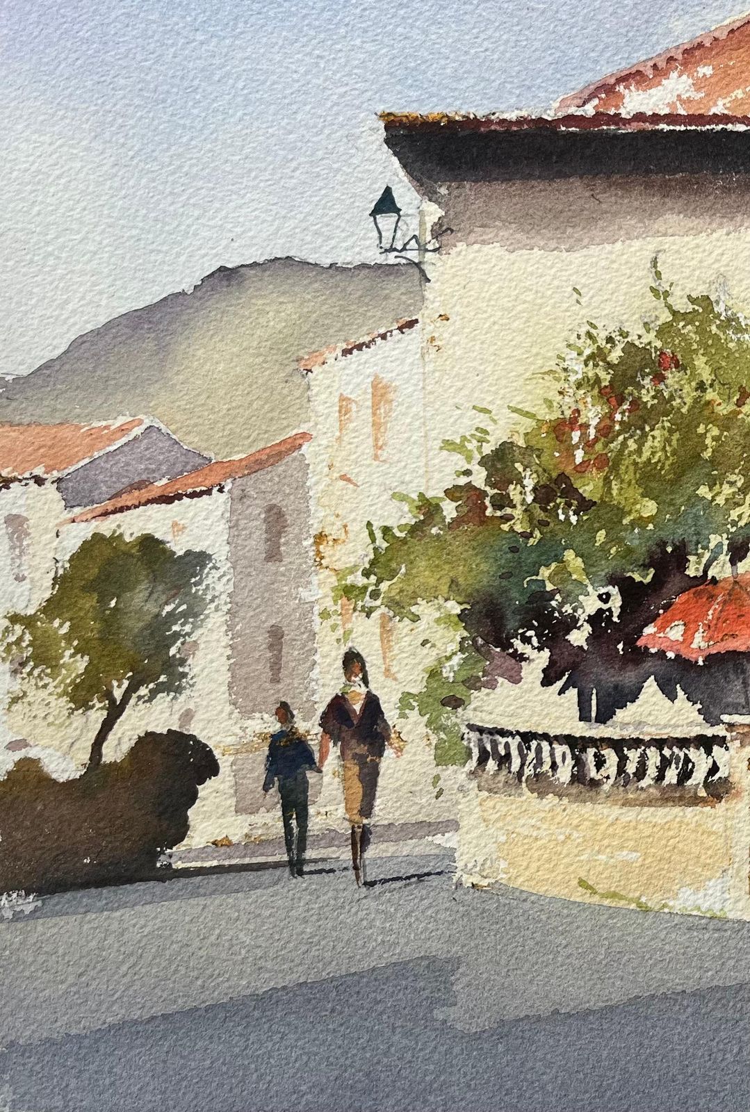 Anthony Averybritish Impressionist Watercolor Of Terrace Café Scene With Red Umbrellas photo vinterior