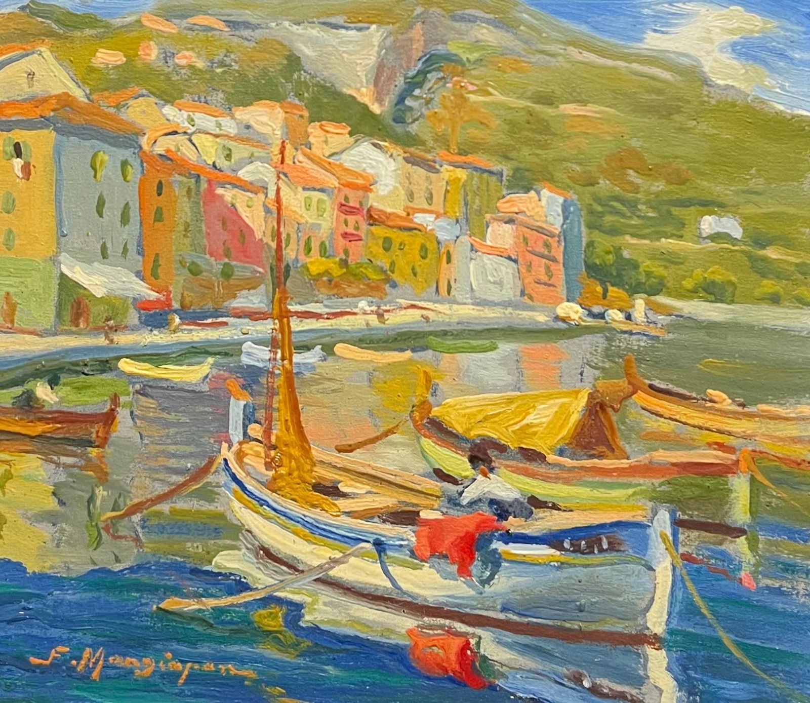 Felix Pierre Mangiapan (1884)vintage French Impressionist Signed Oil Villefranche Sur Mer Harbor Cote D'azurmid 20th Century photo for sale