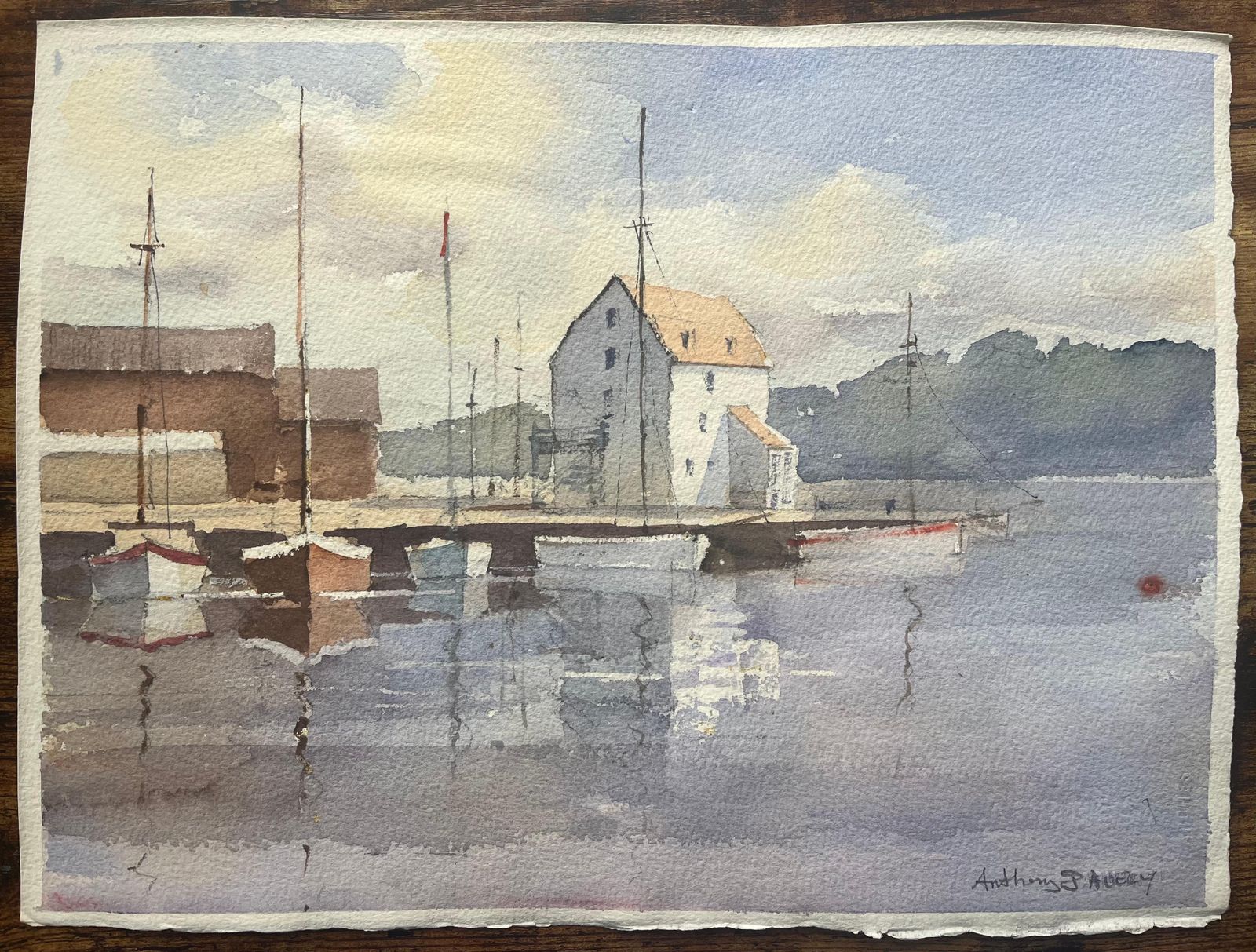 Anthony Averybritish Impressionist Watercolor Of Coastal Harbour With Sailboats photo furniture