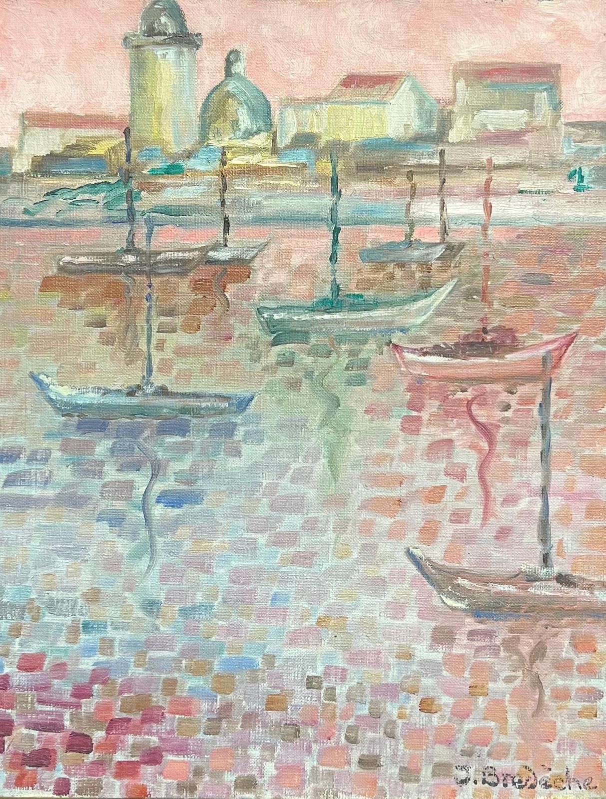 French Schoolfrench Pointillist Harbor Scene With Boats Pastel Tones Signed Oil Painting 20th Century