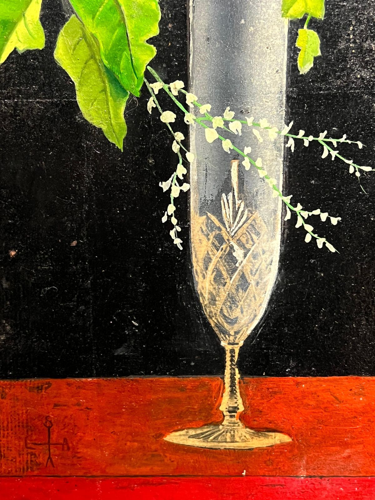 French Artistpair Mid 20th Century French Still Life Painting Ornate Flowers In Glass Vase1950 photo vintage
