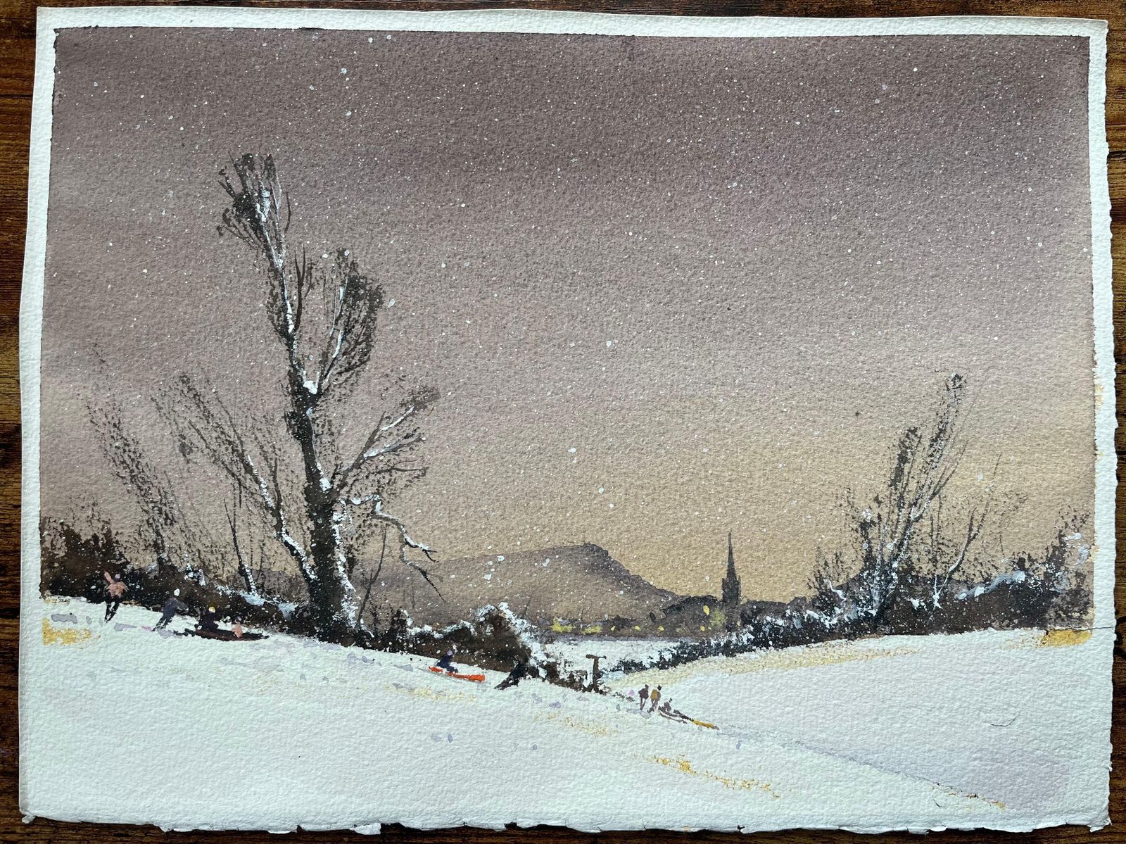 Anthony Averybritish Impressionist Watercolor Of Snowy Landscape With Sledders And Village photo furniture