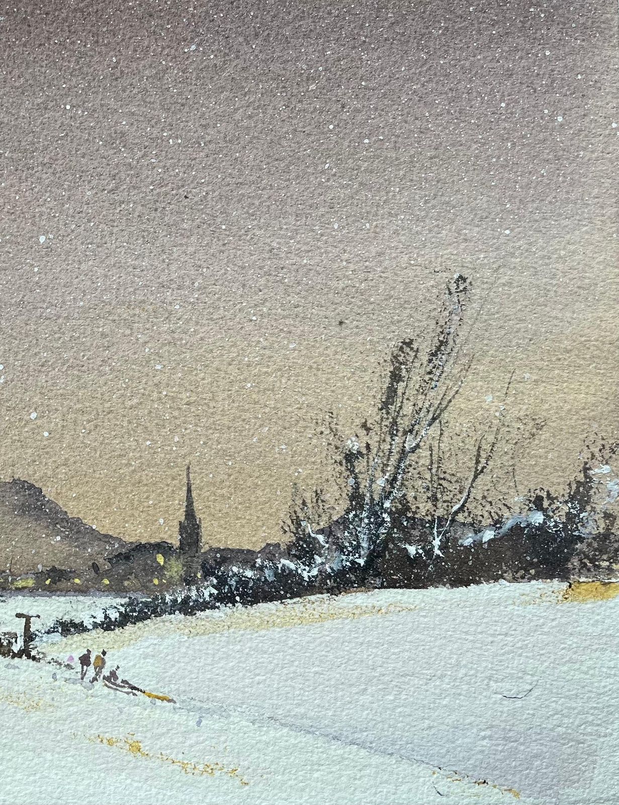 Anthony Averybritish Impressionist Watercolor Of Snowy Landscape With Sledders And Village photo for sale