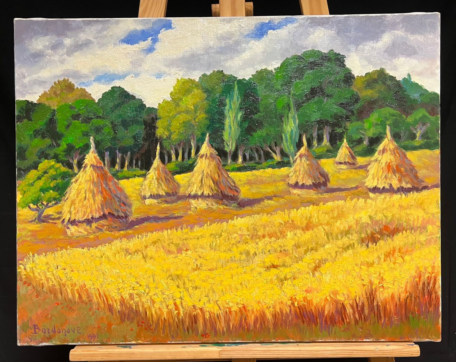 Georges Bordonovefrench Impressionist Oil Painting Golden Harvest Landscape With Haystacks photo furniture