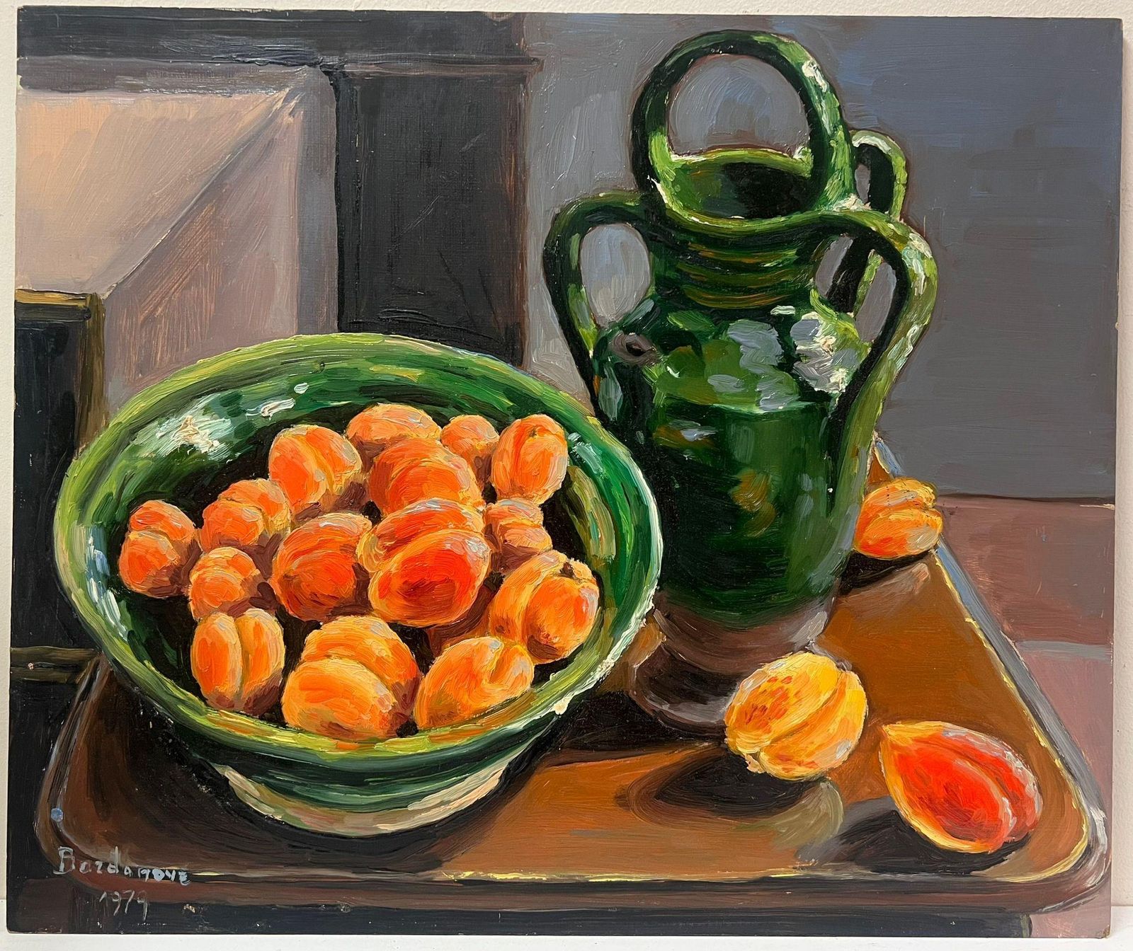 Georges Bordonove1970's French Post Impressionist Signed Oil Painting Apricots In Green Dish photo furniture