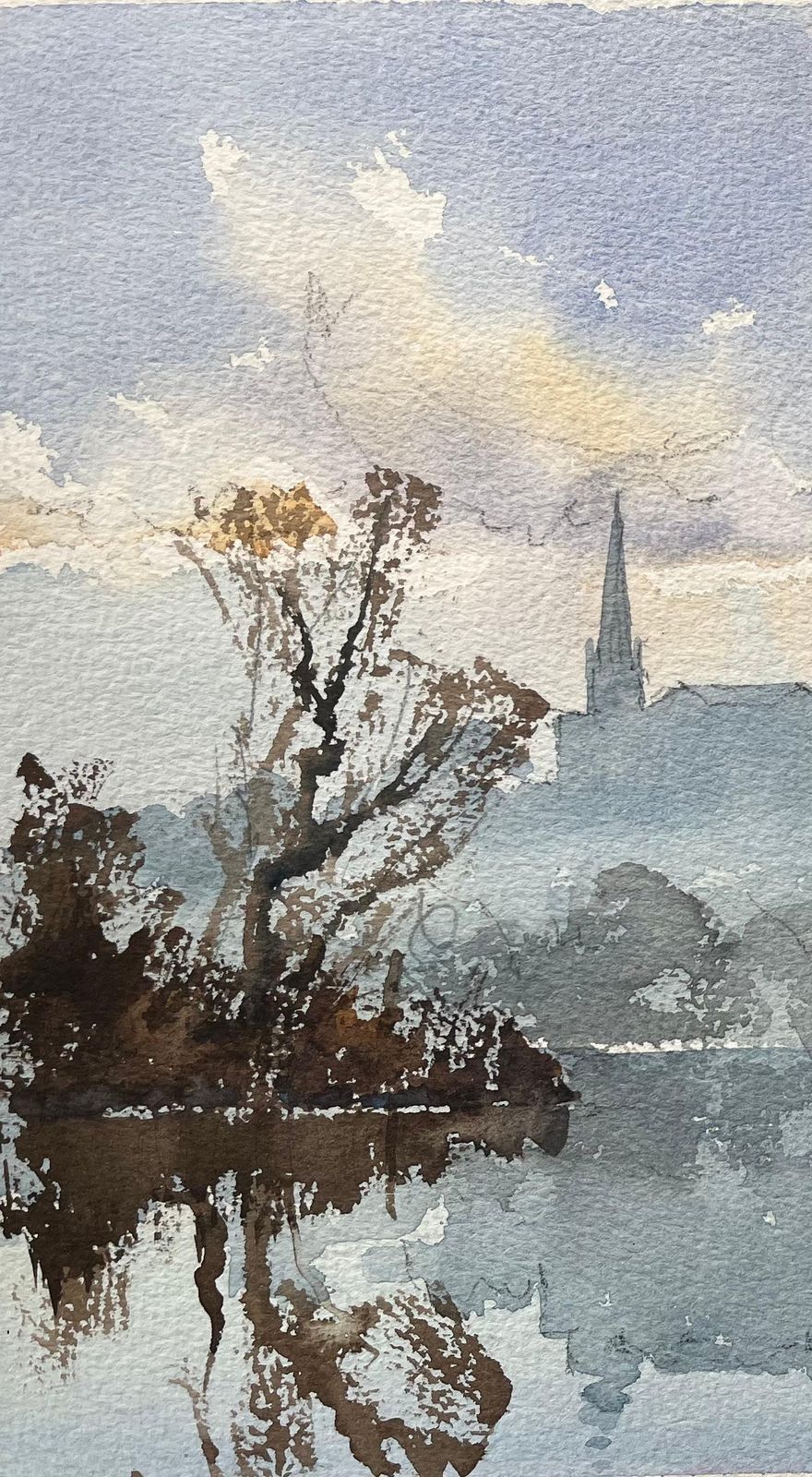 Anthony Averybritish Impressionist Watercolor Of Misty Riverside With Church Spire Silhouette photo 352.0
