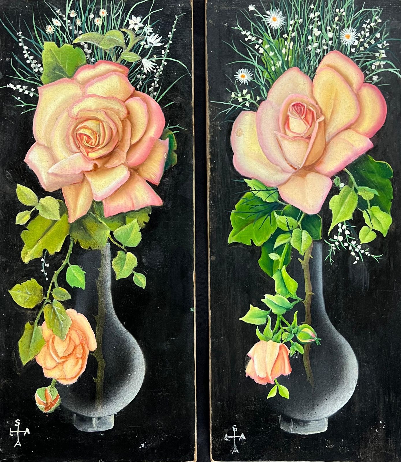 French Artistpair Mid 20th Century French Still Life Painting Ornate Flowers In Glass Vase1950