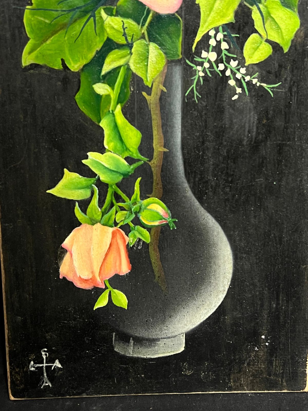 French Artistpair Mid 20th Century French Still Life Painting Ornate Flowers In Glass Vase1950 photo Art