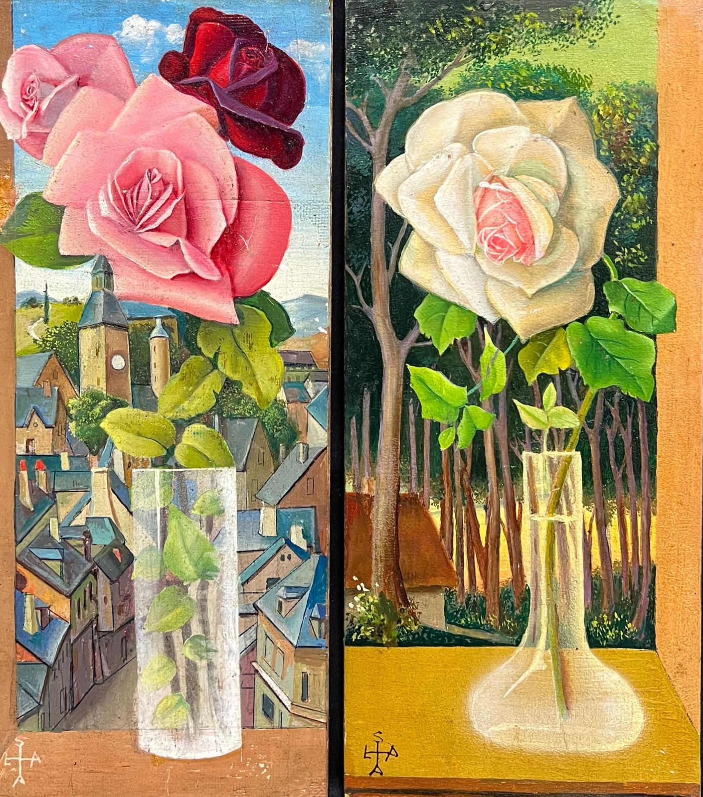 French Artistpair Mid 20th Century French Still Life Painting Ornate Flowers In Glass Vase1950