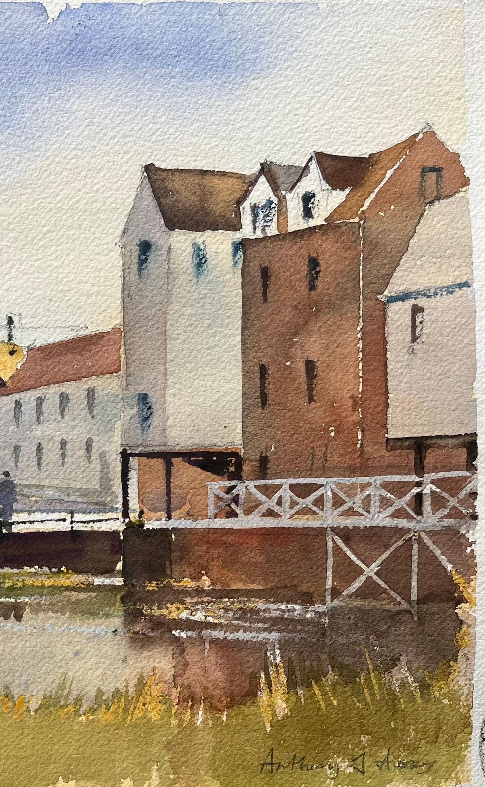 Anthony Averybritish Impressionist Watercolor Of Riverside Townscape With Church And Canal photo for sale