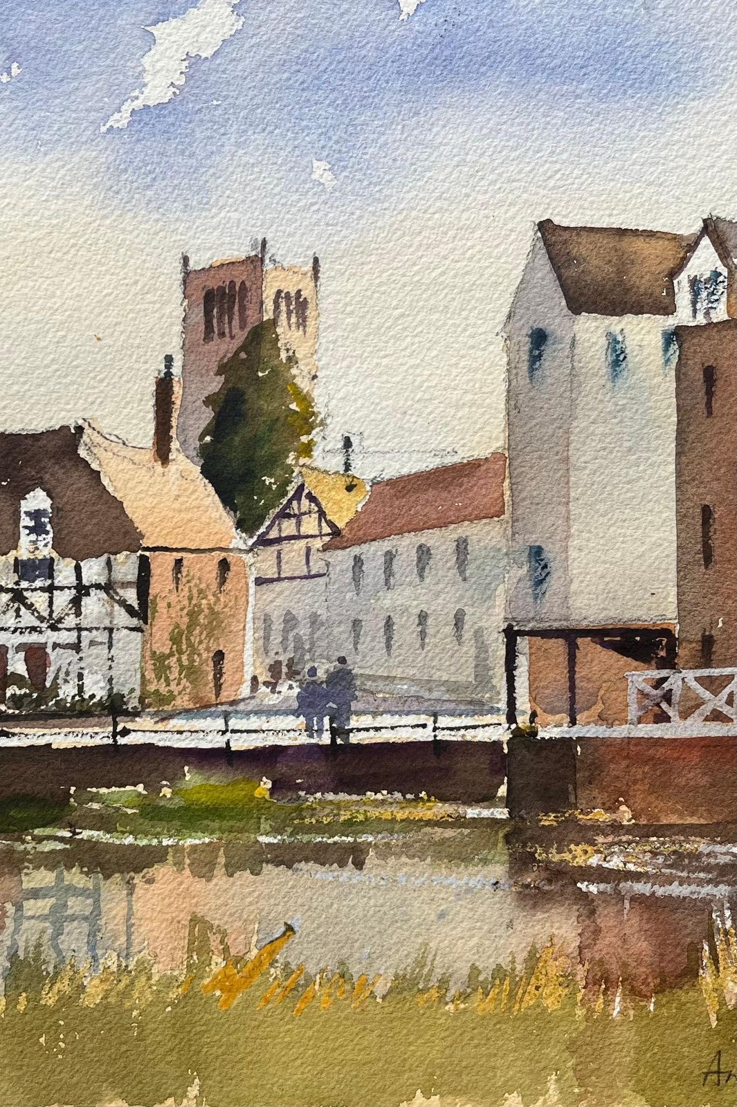 Anthony Averybritish Impressionist Watercolor Of Riverside Townscape With Church And Canal photo Art