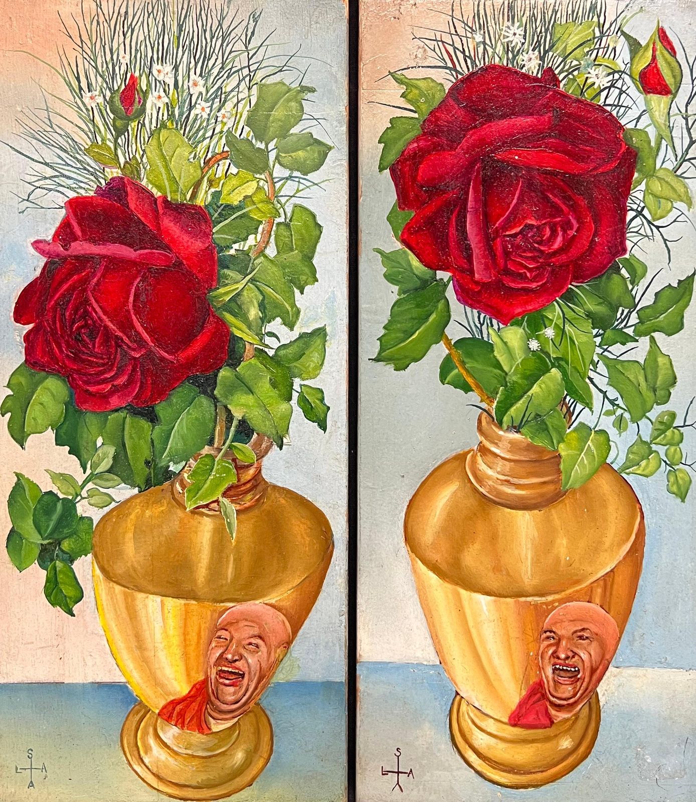 French Artistpair Mid 20th Century French Still Life Painting Ornate Roses In Gold Vases1950