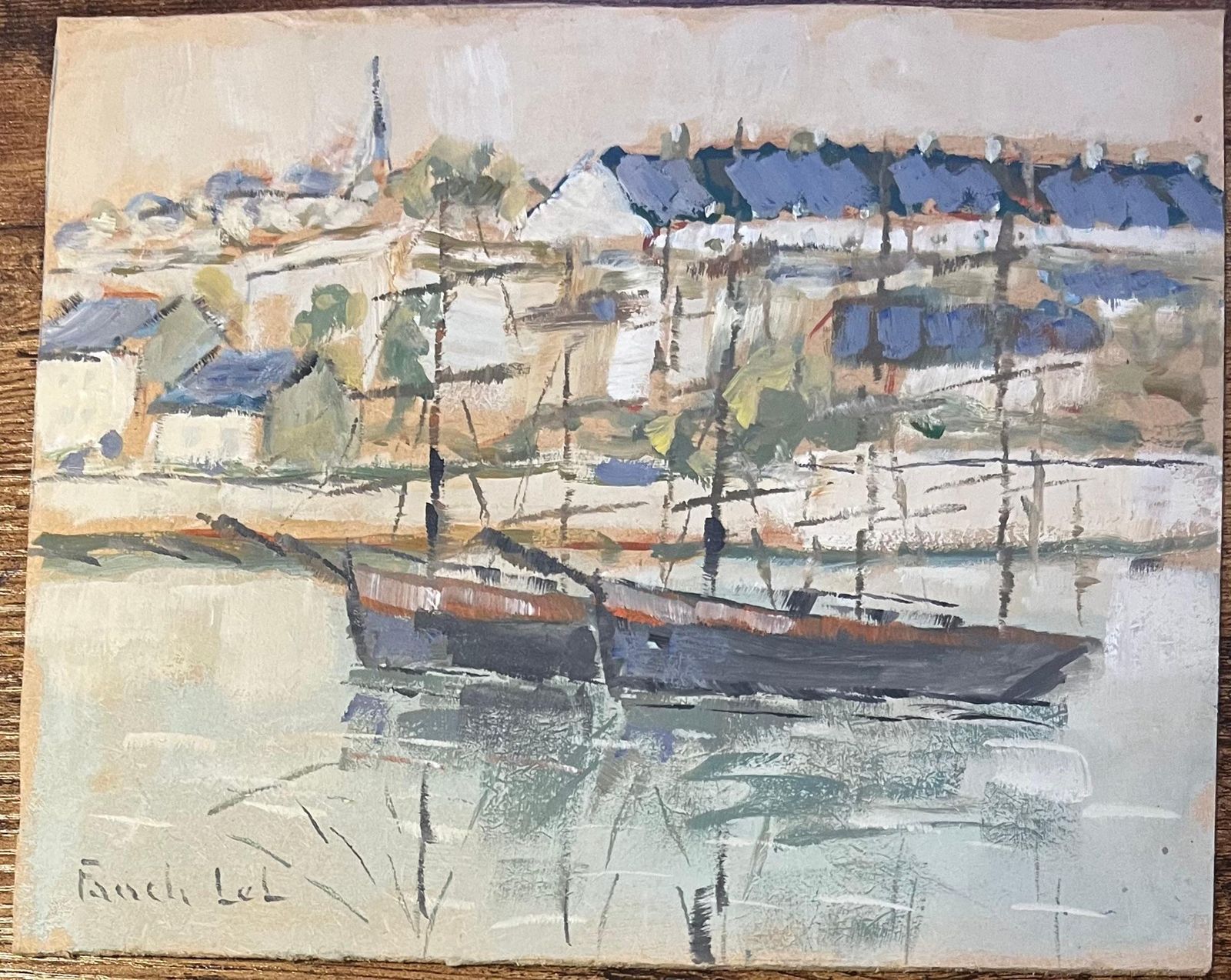Fanch Lelfrench Impressionist Oil Painting Of Tranquil Sailboats Along The Riverside20th Century photo furniture