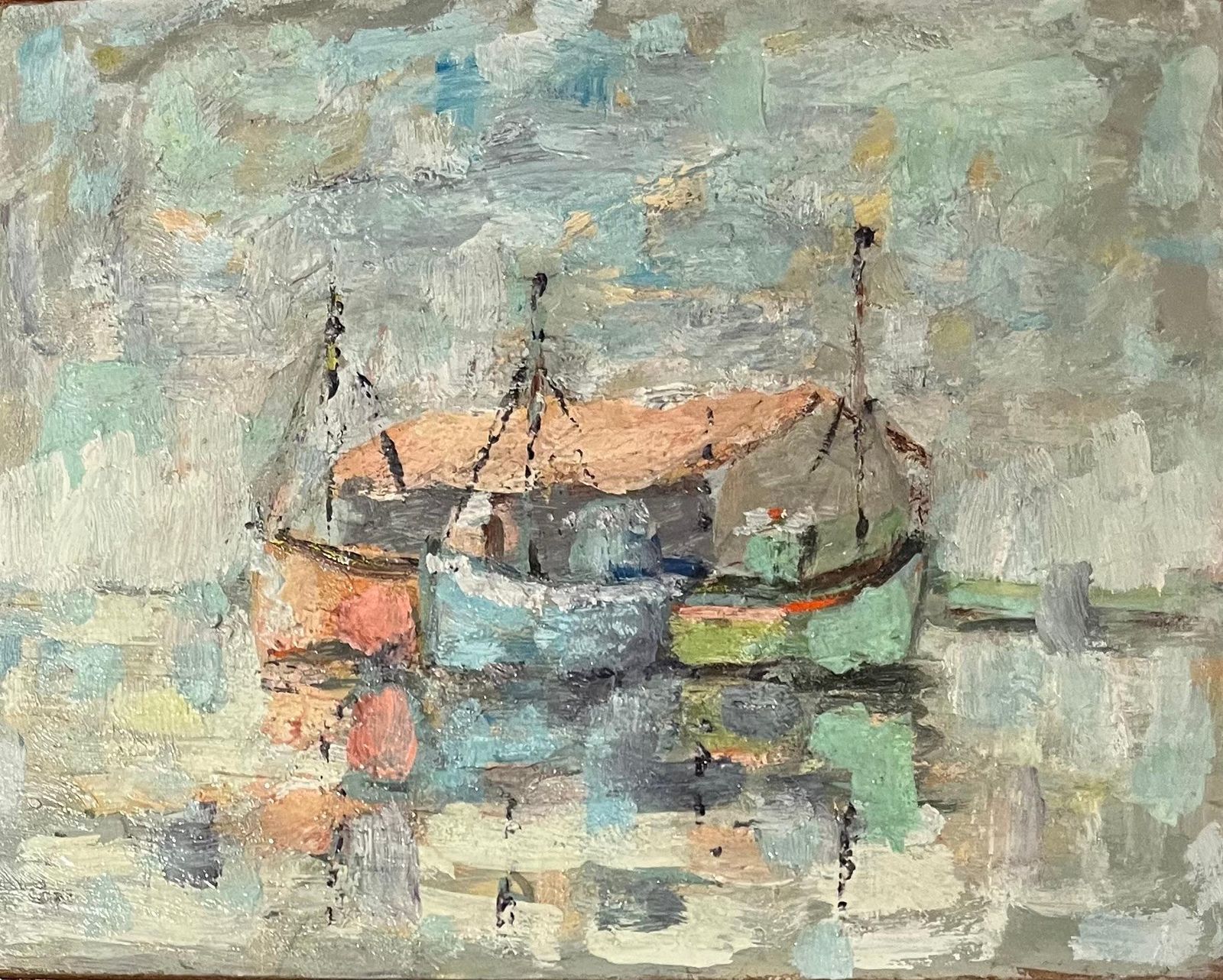 Fanch Lelfrench Impressionist Oil Painting Of A Tranquil Scene Of Fishing Boats At Rest20th Century