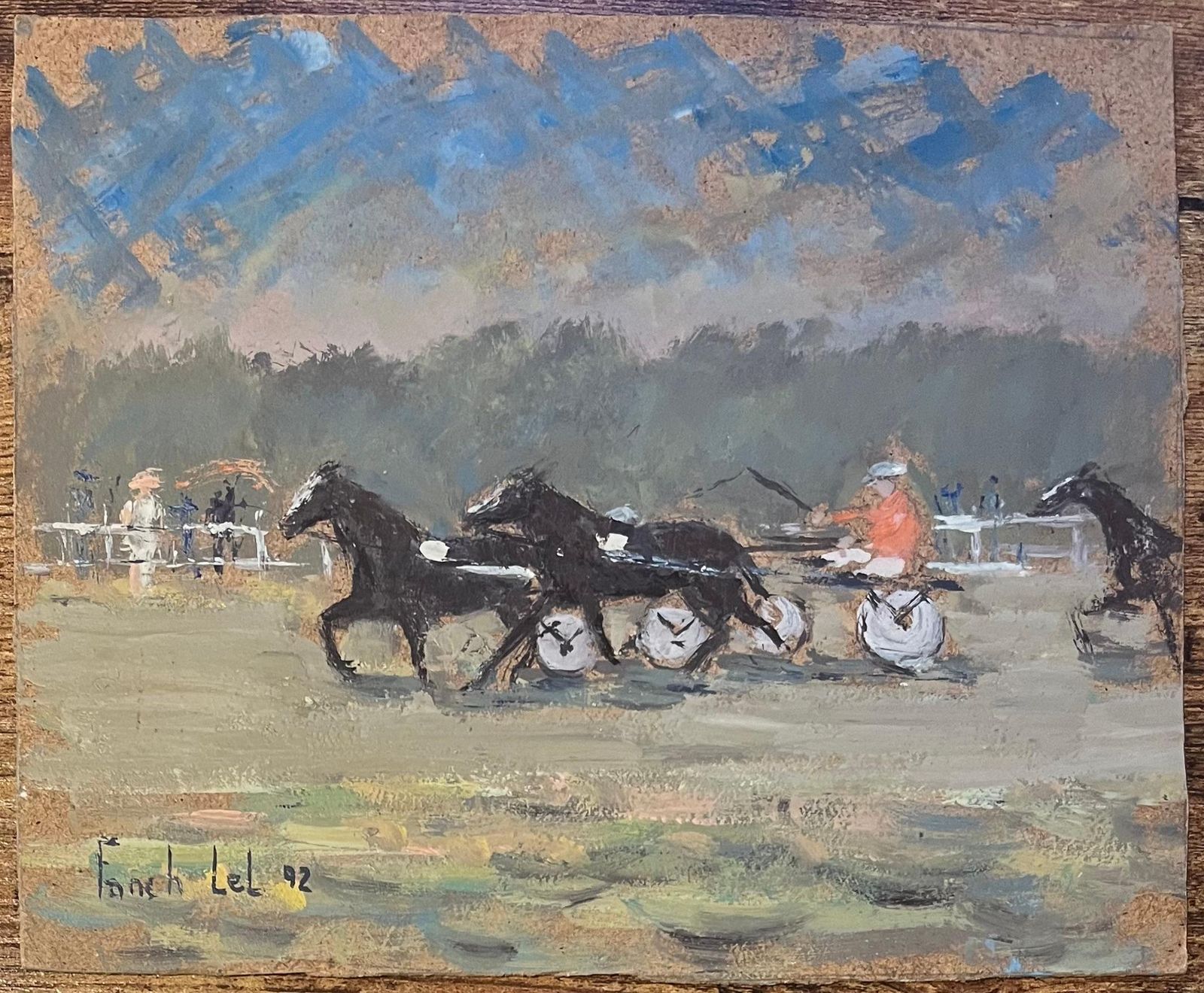 Fanch Lelfrench Impressionist Oil Painting Of Onlookers Watching Harness Racing1992 photo furniture