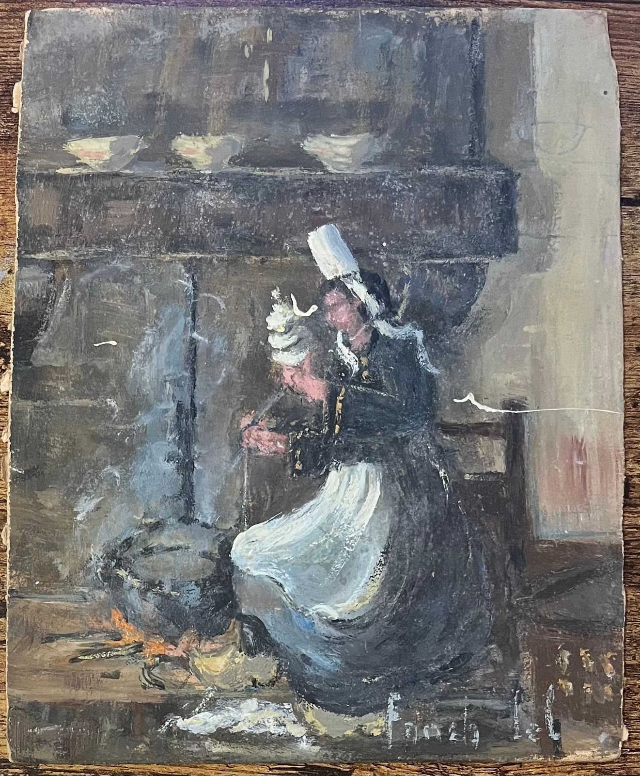 Fanch Lelfrench Impressionist Oil Painting Of A Breton Woman Kneeling By An Open Hearth20th Century photo furniture