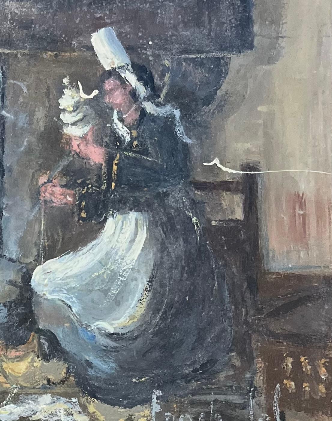 Fanch Lelfrench Impressionist Oil Painting Of A Breton Woman Kneeling By An Open Hearth20th Century photo Art