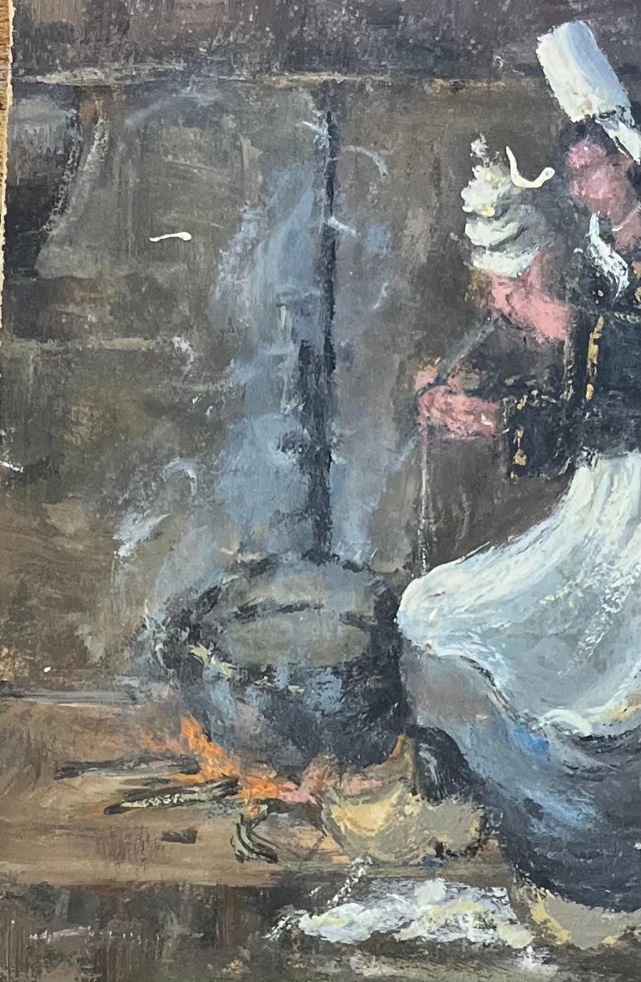 Fanch Lelfrench Impressionist Oil Painting Of A Breton Woman Kneeling By An Open Hearth20th Century photo 458.0
