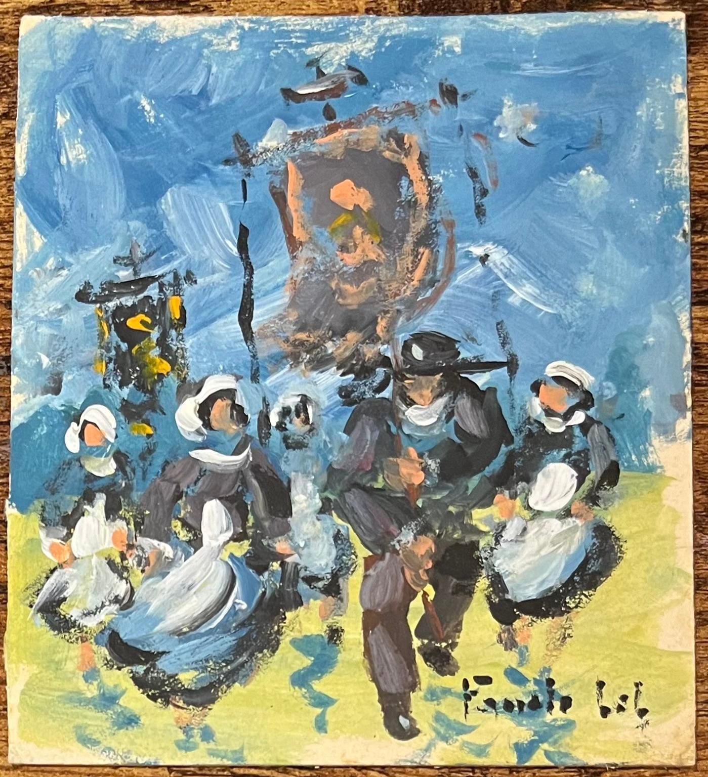 Fanch Lelfrench Impressionist Oil Painting Of Breton Family Celebration Under A Blue Sky20th Century photo furniture