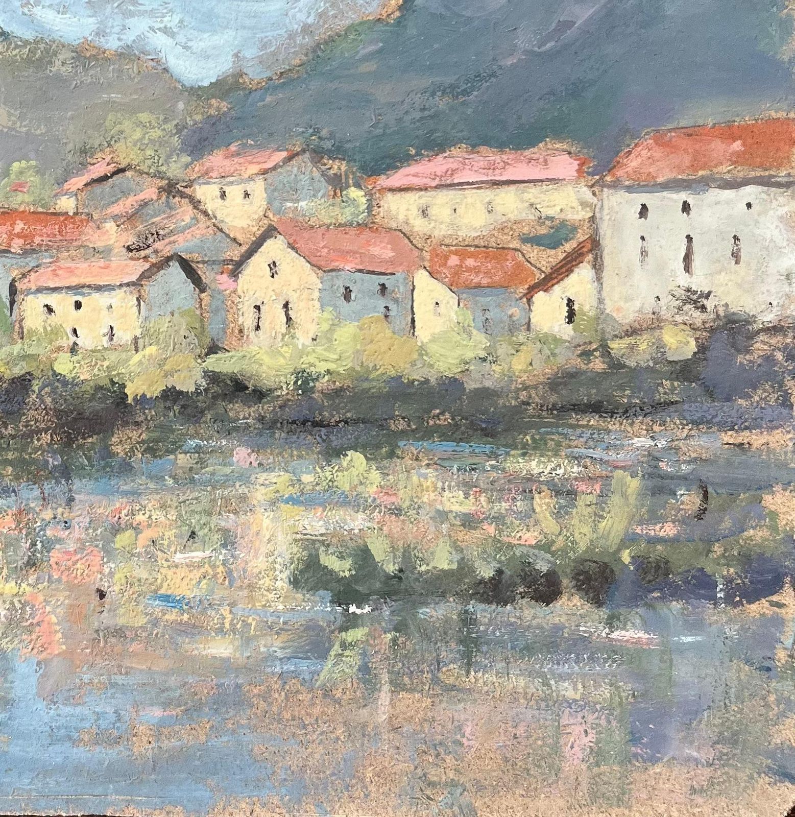 Fanch Lelfrench Impressionist Oil Painting Of Village De Laroque, Aveyron, France1992 photo for sale