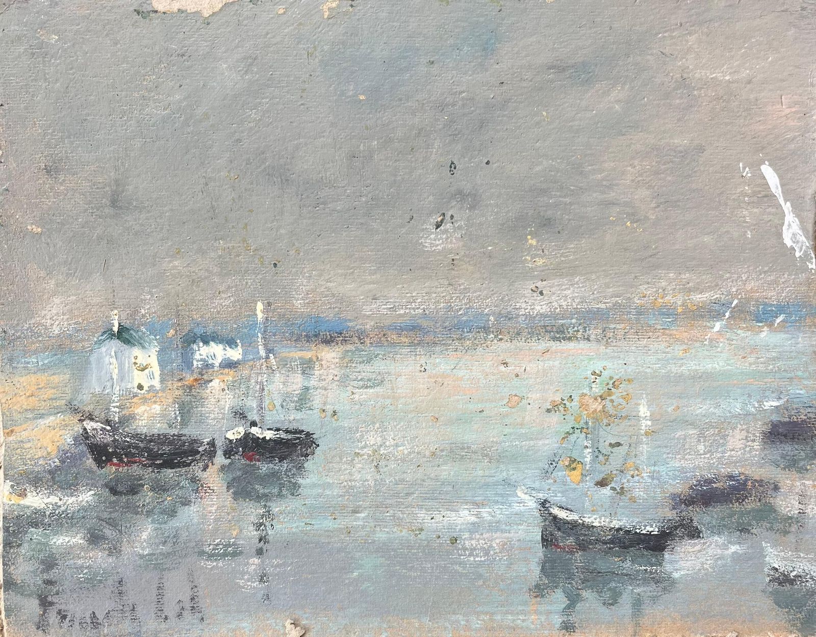 Fanch Lelfrench Impressionist Oil Painting Of Small Boats Anchored By The Shore20th Century