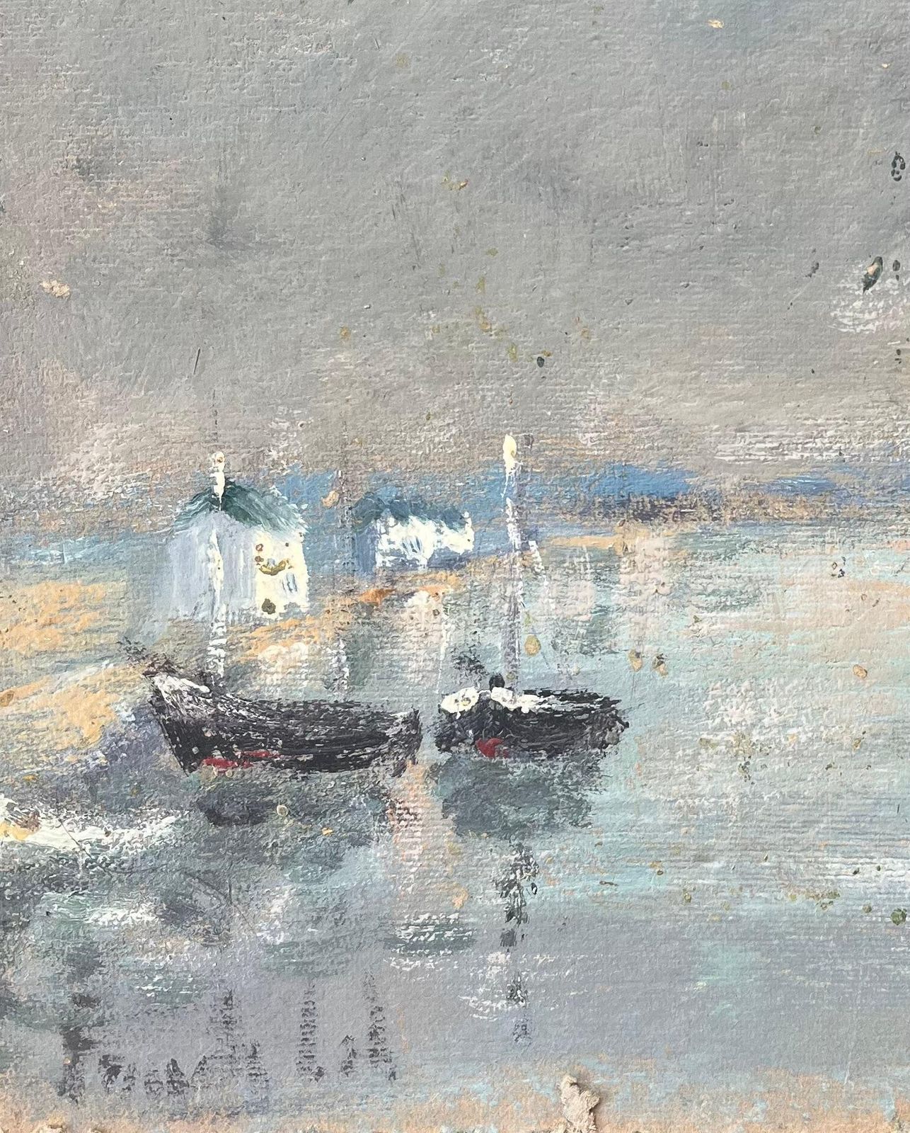 Fanch Lelfrench Impressionist Oil Painting Of Small Boats Anchored By The Shore20th Century photo for sale