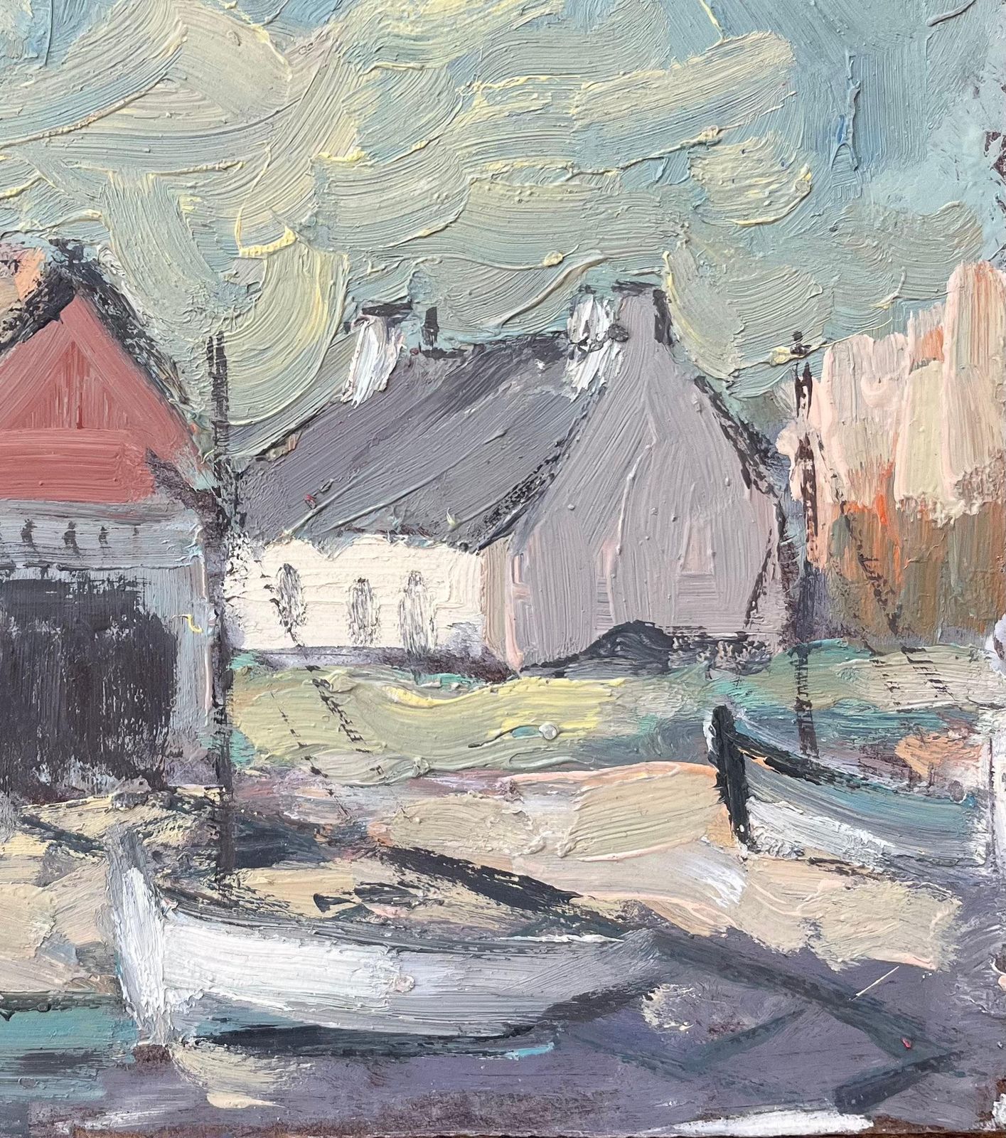 Fanch Lelfrench Impressionist Oil Painting Of Coastal Village With Boats Resting Ashore20th Century photo Art