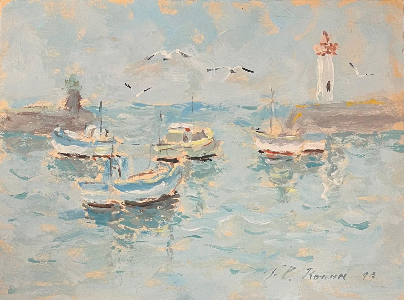 Fanch Lelfrench Impressionist Oil Painting Of Boats And Lighthouse In A Calm Harbour1998