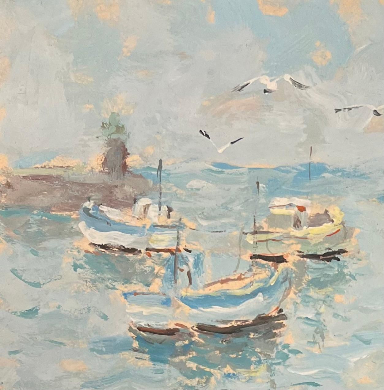 Fanch Lelfrench Impressionist Oil Painting Of Boats And Lighthouse In A Calm Harbour1998 photo for sale