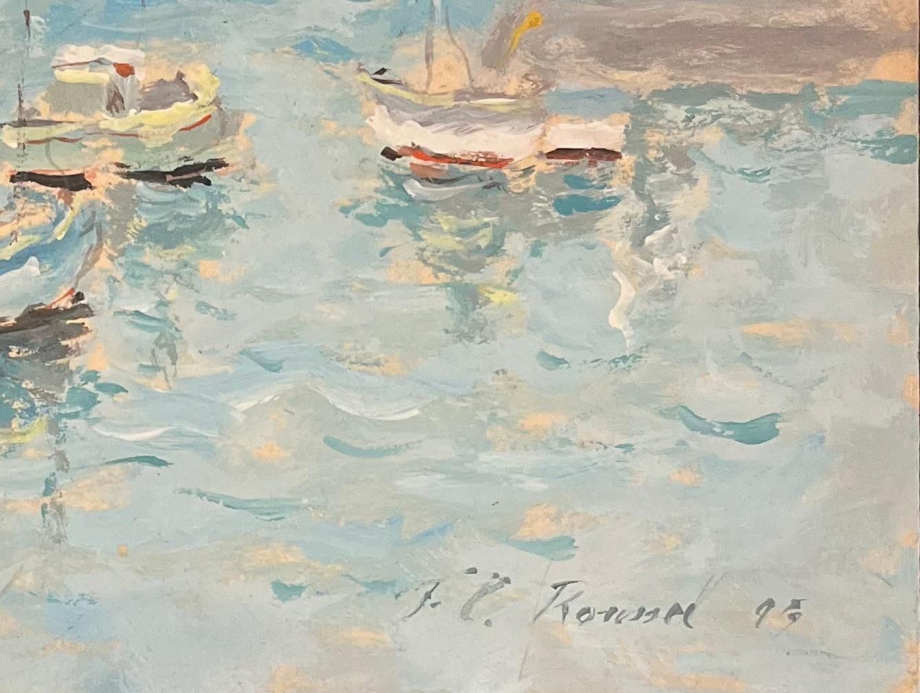 Fanch Lelfrench Impressionist Oil Painting Of Boats And Lighthouse In A Calm Harbour1998 photo 529.0