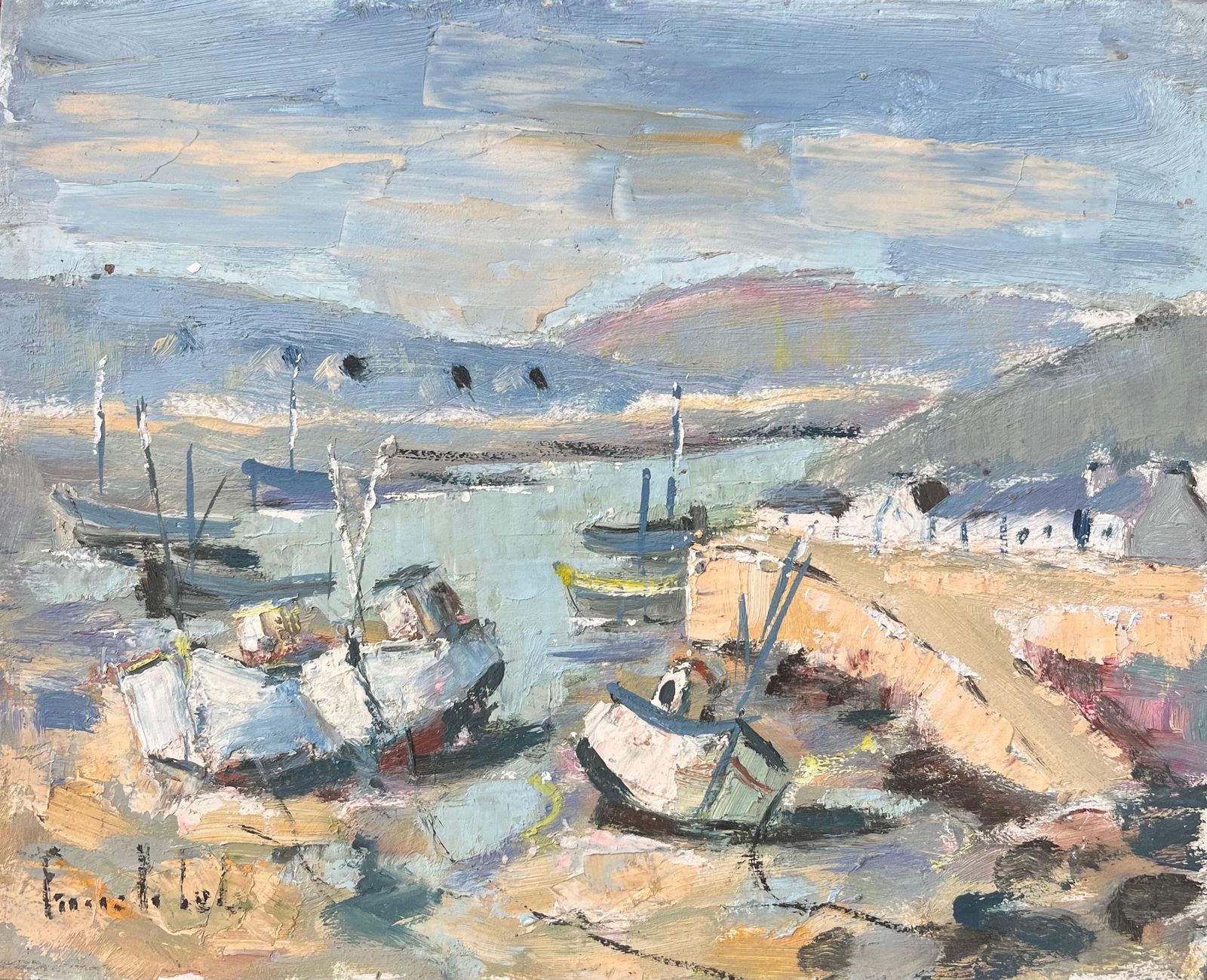 Fanch Lelfrench Impressionist Oil Painting Of Boats In A Coastal Harbour20th Century