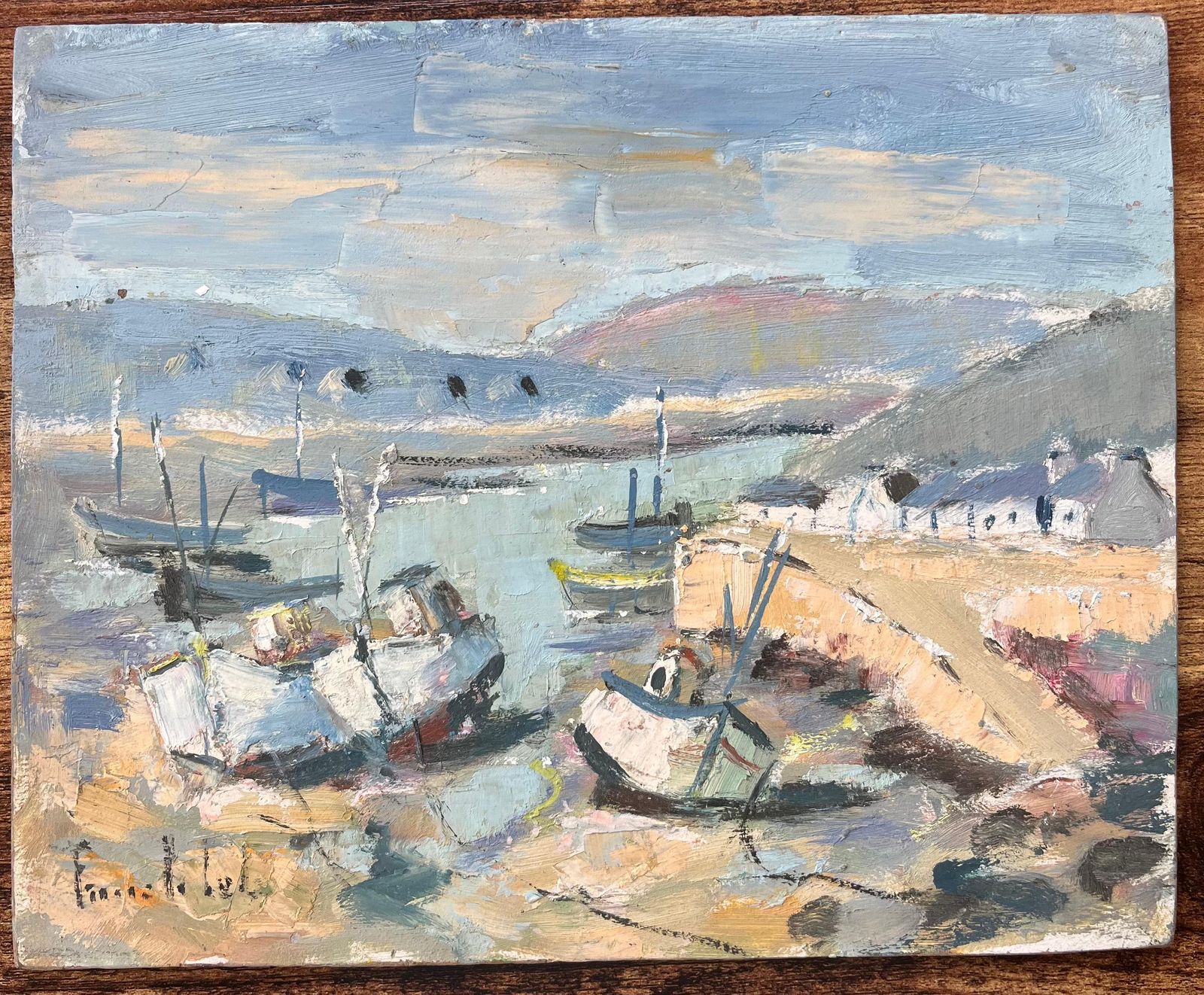 Fanch Lelfrench Impressionist Oil Painting Of Boats In A Coastal Harbour20th Century photo furniture