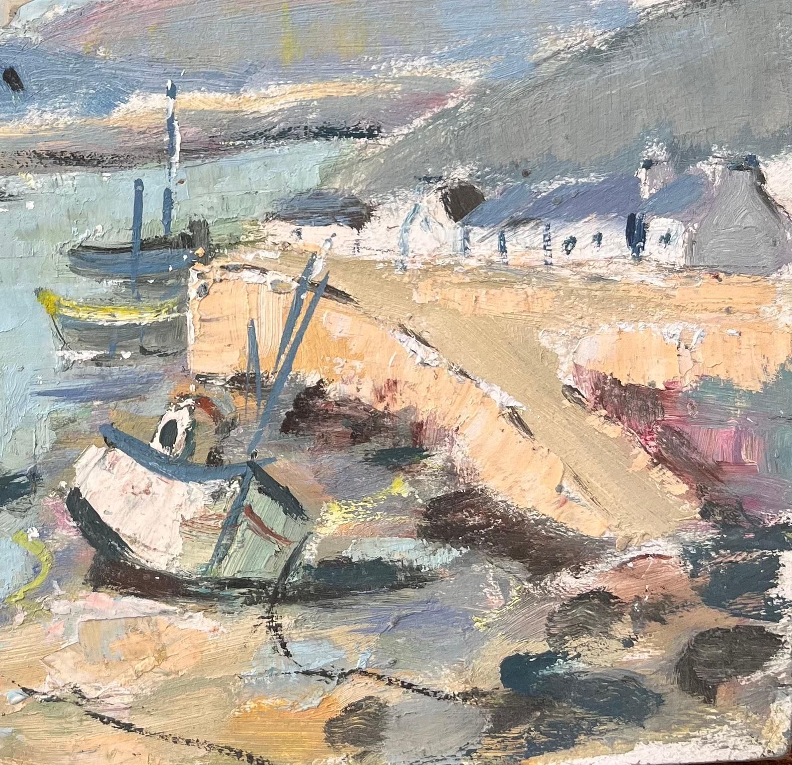 Fanch Lelfrench Impressionist Oil Painting Of Boats In A Coastal Harbour20th Century photo for sale