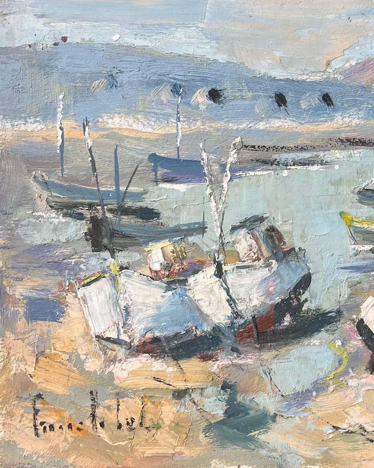 Fanch Lelfrench Impressionist Oil Painting Of Boats In A Coastal Harbour20th Century photo Art
