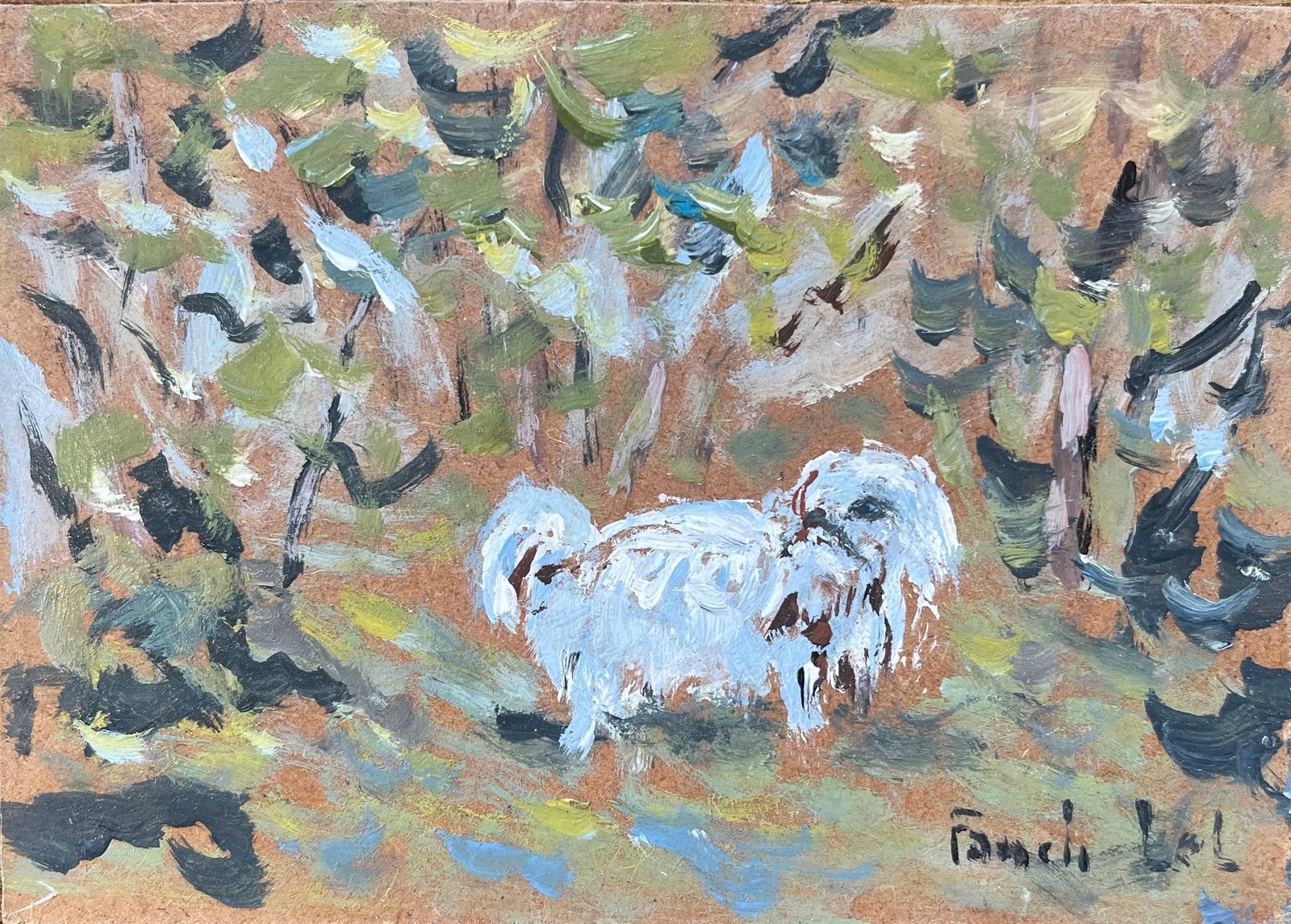 Fanch Lelfrench Impressionist Oil Painting Of A Fluffy White Dog On A Walk20th Century
