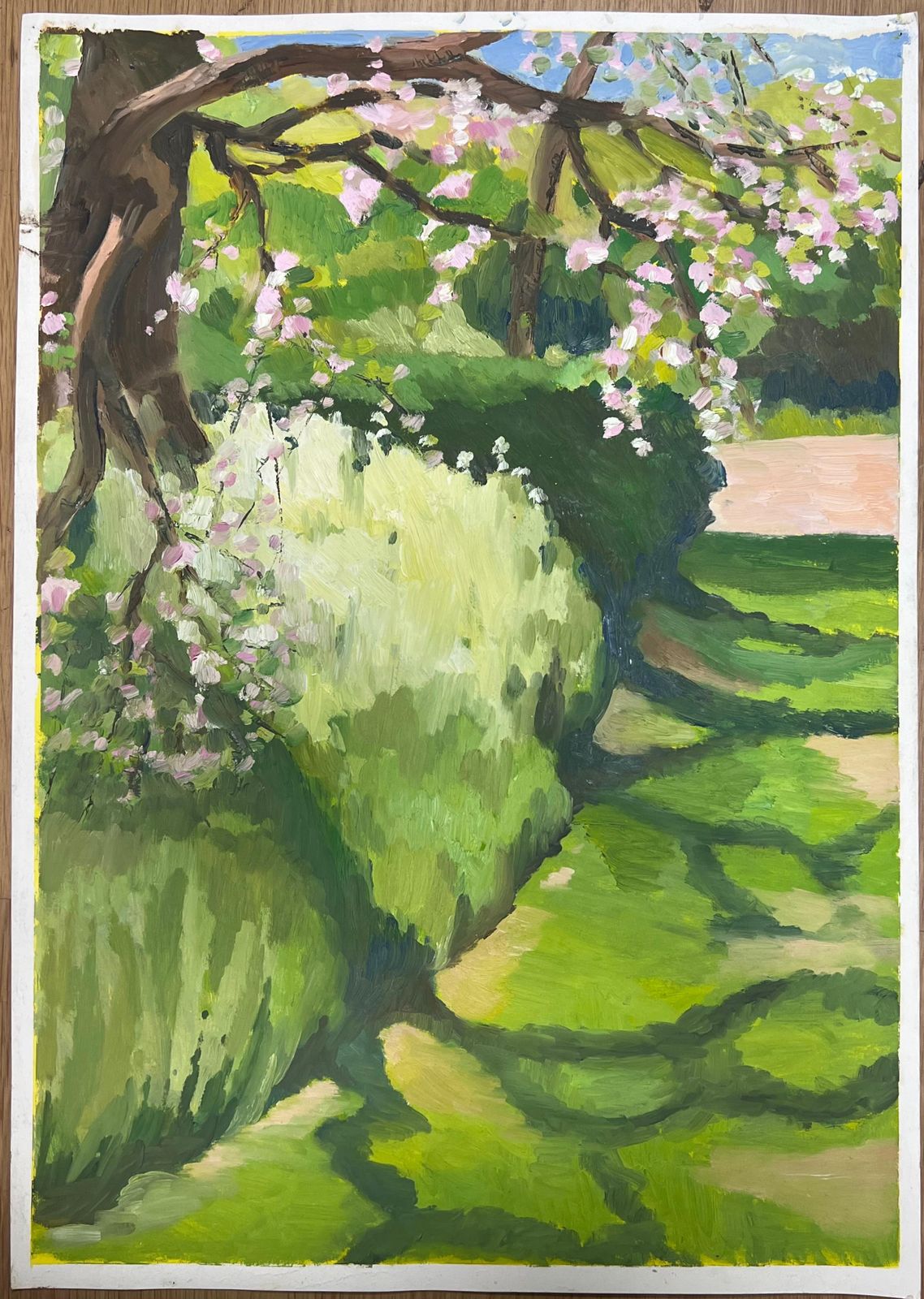Jill Jacksonsunlit Garden Path With Blooming Cherry Blossoms Vibrant Green Foliage photo furniture