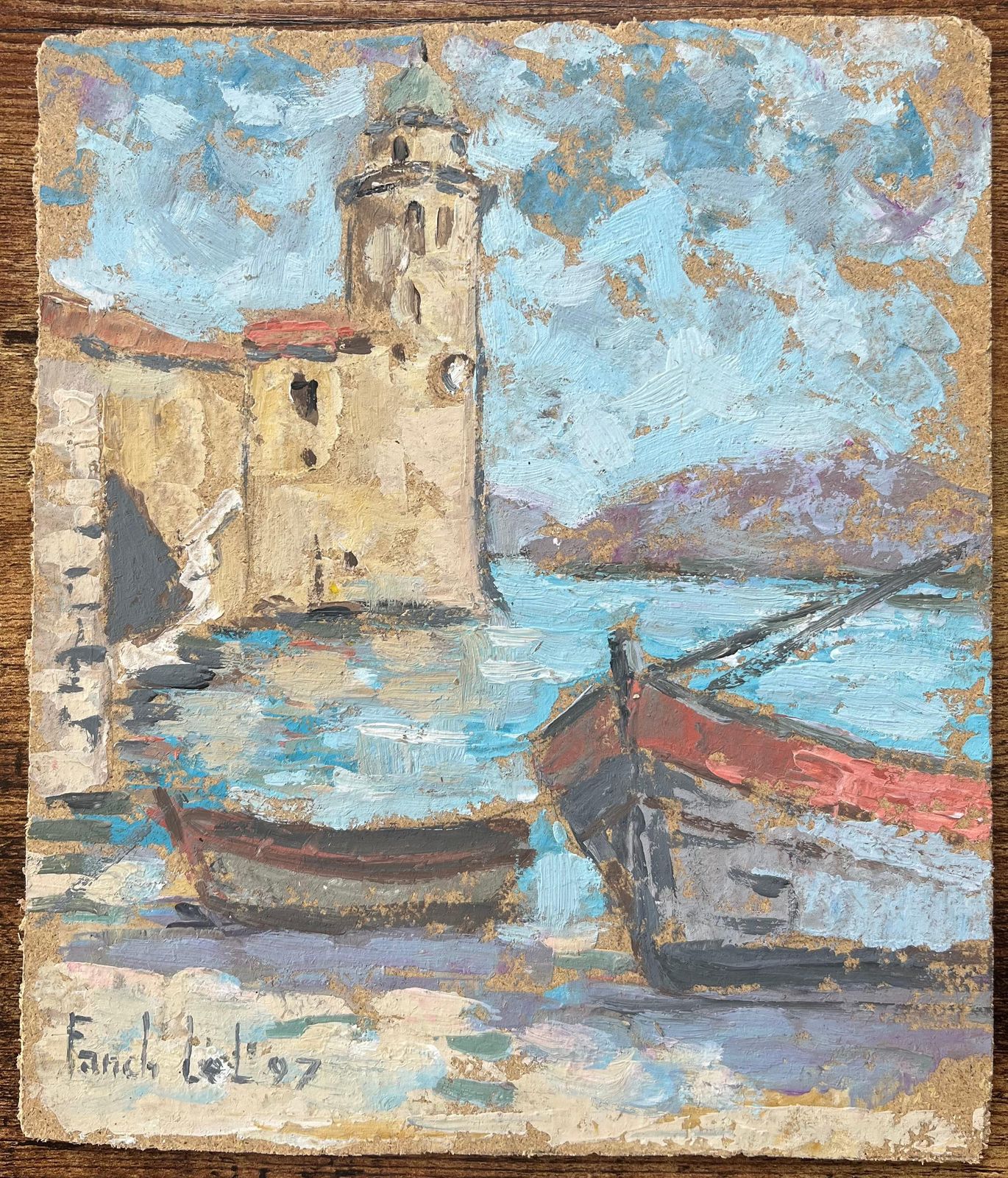 Fanch Lelfrench Impressionist Oil Painting Of Boats By A Coastal Tower20th Century photo furniture