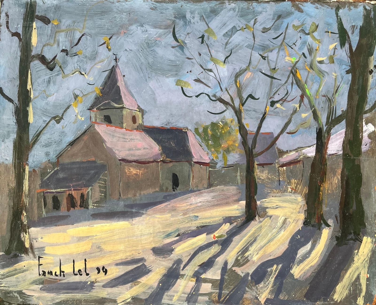 Fanch Lelfrench Impressionist Oil Painting Of Eglise De Nohant In Winter1994