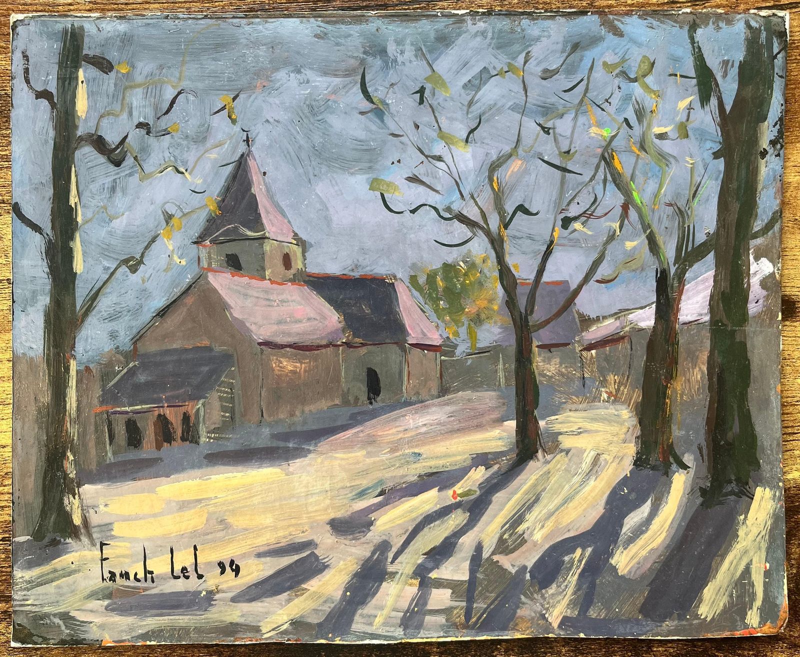 Fanch Lelfrench Impressionist Oil Painting Of Eglise De Nohant In Winter1994 photo for sale