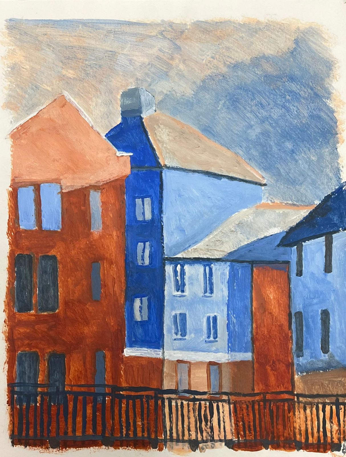 Helen Greenfieldmodernist Cityscape In Bold Blue And Red Geometric Urban Architecture photo furniture