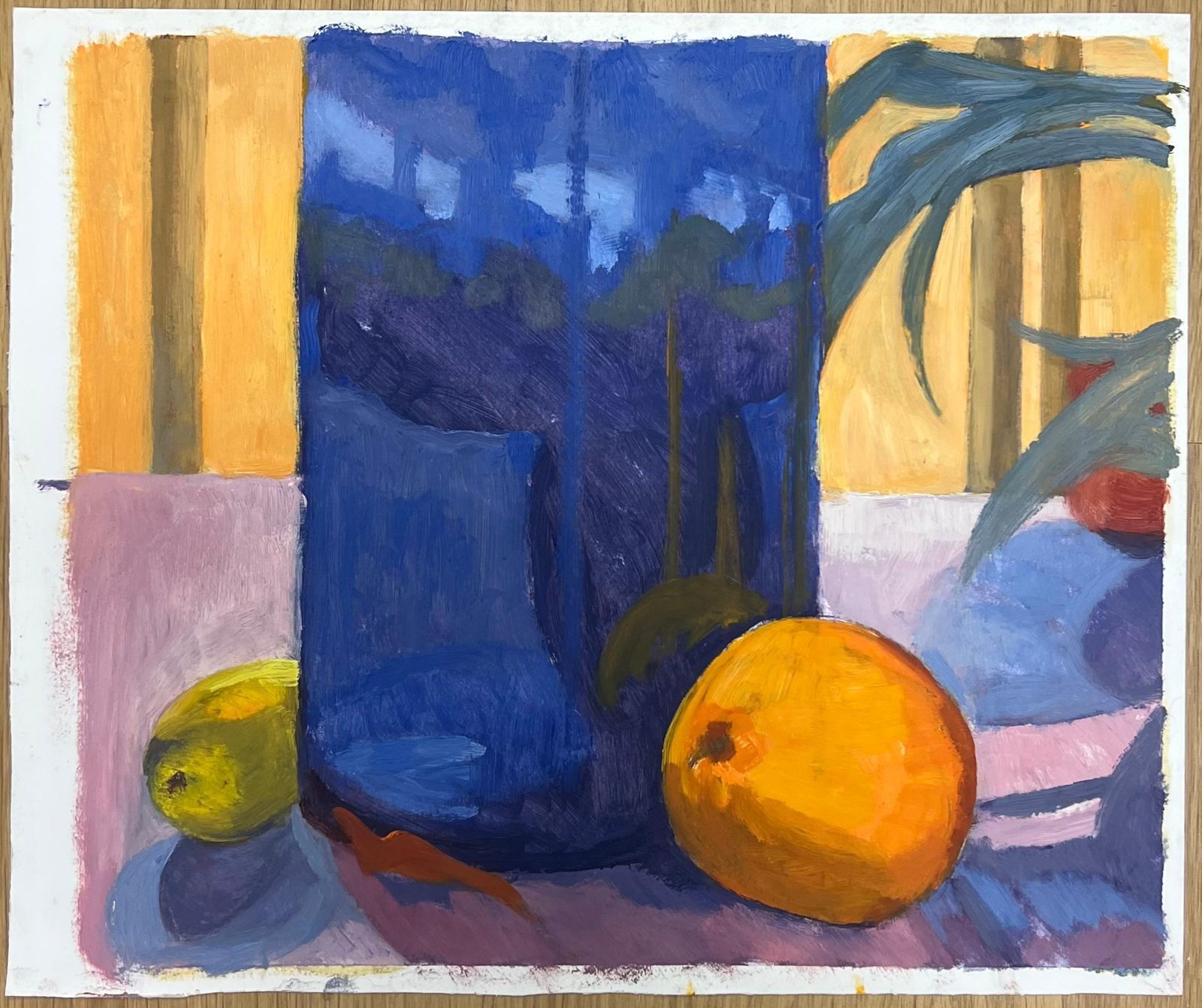 Guy Nicodstill Life With A Blue Vase, Yellow Lemon, And Orange On A Table French Oil1952 photo furniture