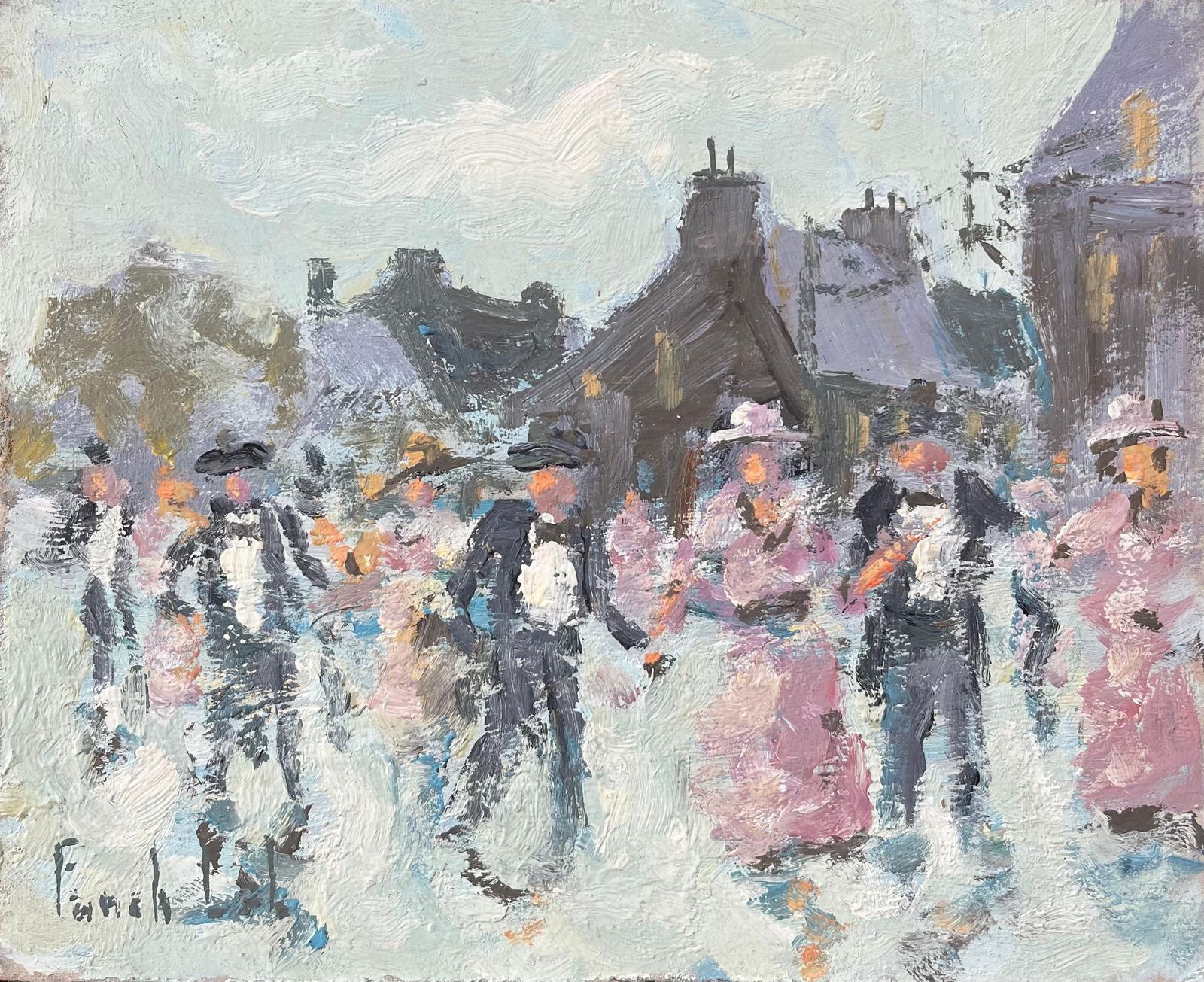 Fanch Lelfrench Impressionist Oil Painting Of A Village Dance Scene1990